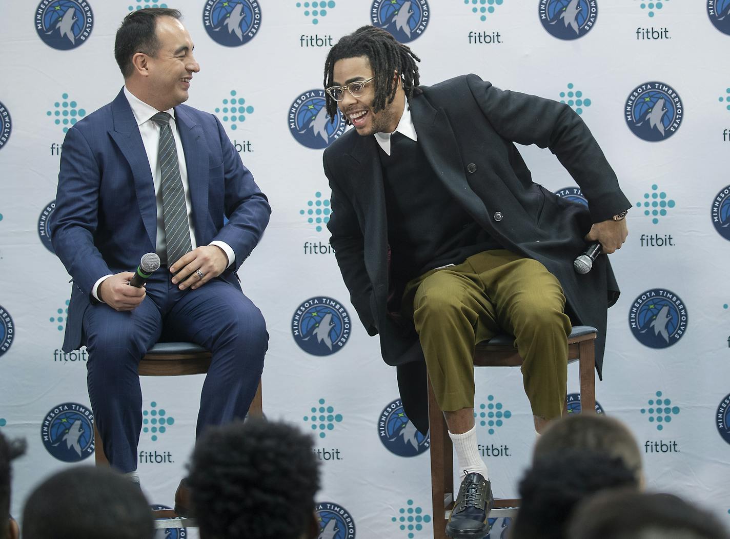 Timberwolves President Gersson Rosas, left, with one of his key acquisitions in his first year with the team, guard D'Angelo Russell, during a news conference in Feburary.