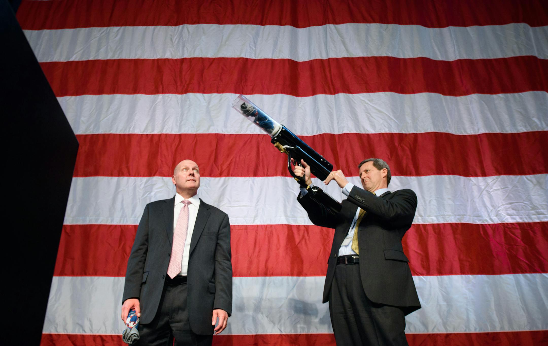 Convention Chairman Senator Dave Thompson and GOP State Chair Keith Downey fired tee shirts into the crowd at the Duluth GOP convention. ] GLEN STUBBE * gstubbe@startribune.com Saturday, May 21, 2016 DULUTH -- GOP activists gathered at the state Republican convention convene on Saturday to finalize the slate of national delegates headed to Cleveland in July for the national convention. It could bring a clash between pro- and anti-Trump forces within the Republican tent.