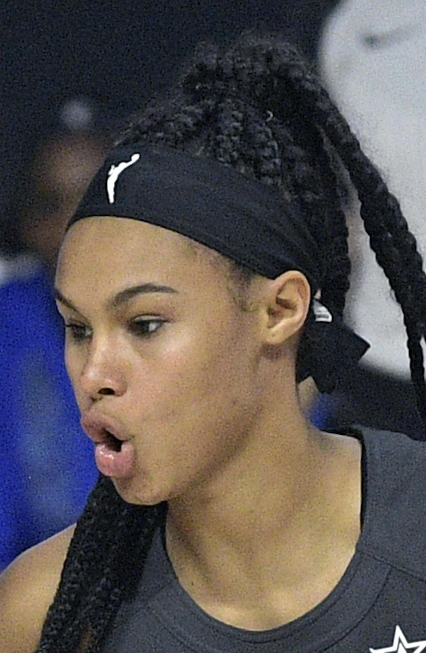 Dallas Wings forward Satou Sabally, right, sets up a play in front of Las Vegas Aces forward Dearica Hamby during the first half of a WNBA basketball game, Tuesday, Aug. 25, 2020, in Bradenton, Fla. (AP Photo/Phelan M. Ebenhack)