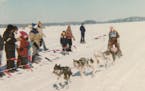 Sally Bair and her team crossed the finish line during the 1980 sled dog race on Lake Minnetonka.