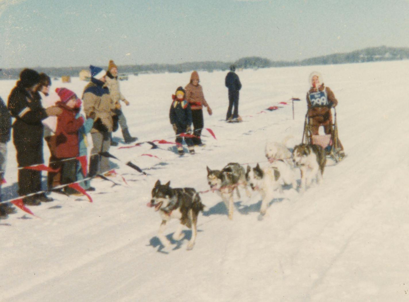 Sally Bair and her team crossed the finish line during the 1980 sled dog race on Lake Minnetonka.