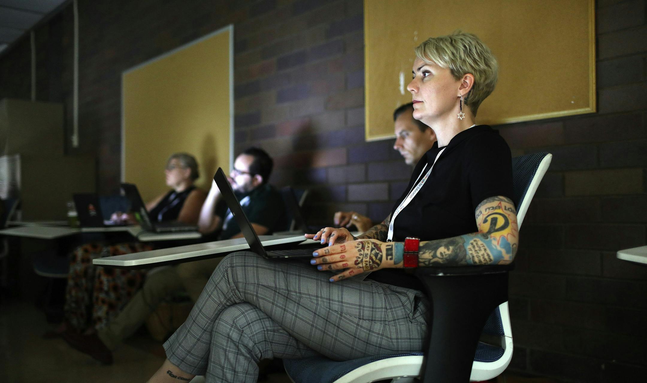 Nora Flanagan, chair of the English department at Northside College Prep, attends a session Aug. 10, 2018, at Googlepalooza, an education technology summit for teachers at Whitney Young High School in Chicago, Ill. (Chris Walker/Chicago Tribune/TNS)
