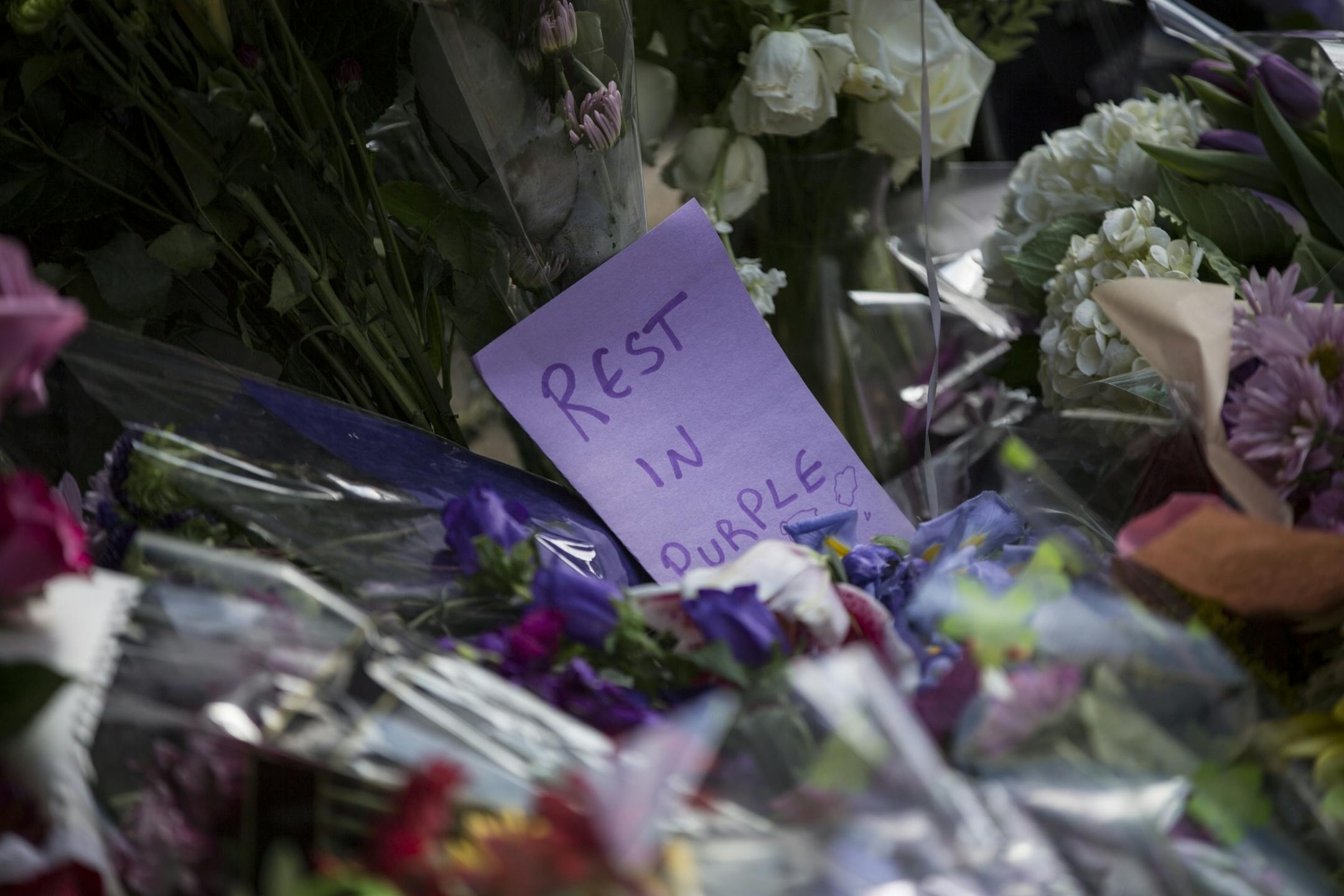 A card at the memorial for Prince at First Avenue on Thursday, April 21, 2016.