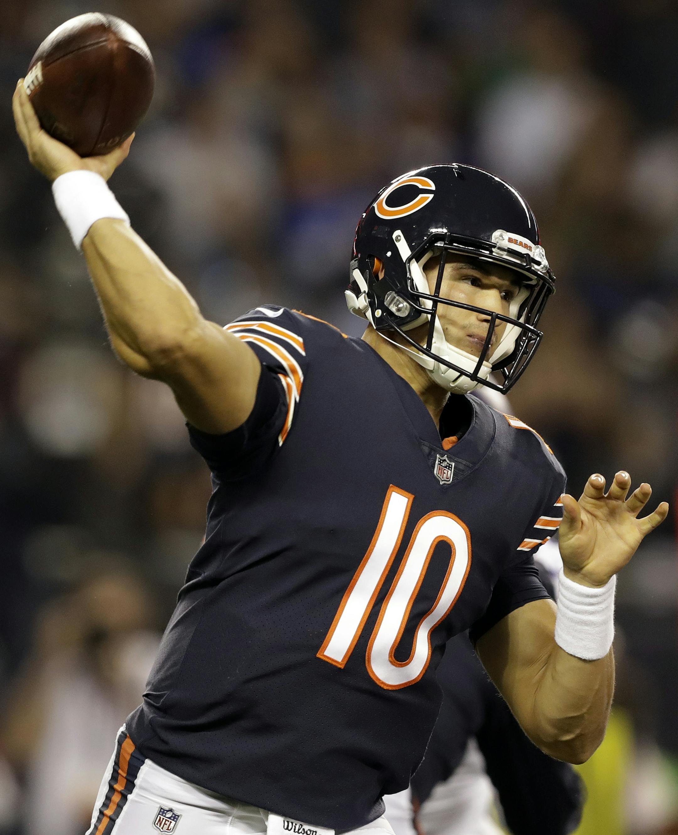 Chicago Bears quarterback Mitchell Trubisky (10) throws a pass during the first half of an NFL football game against the Minnesota Vikings, Monday, Oct. 9, 2017, in Chicago. (AP Photo/Darron Cummings)