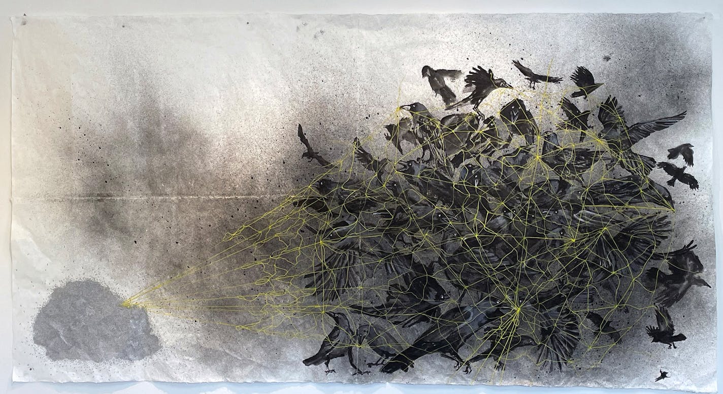 Nirmal Raja "Peace Offering, 2021" Sumi ink, gouache, silver and yellow ink on Hanji 60" x 114"