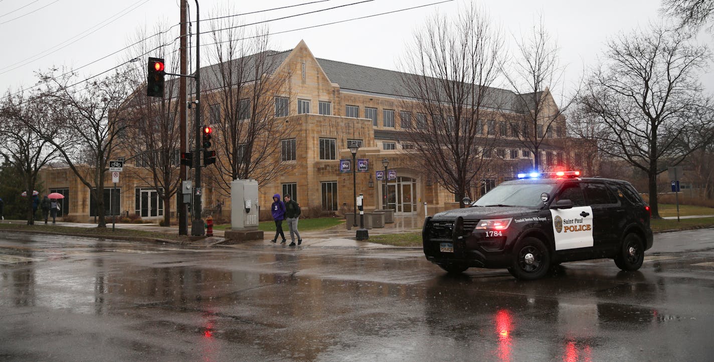 A bomb threat disrupted classes and eventually closed campus at the University of St. Thomas in St. Paul, Minn. on Wednesday, April 17, 2019.