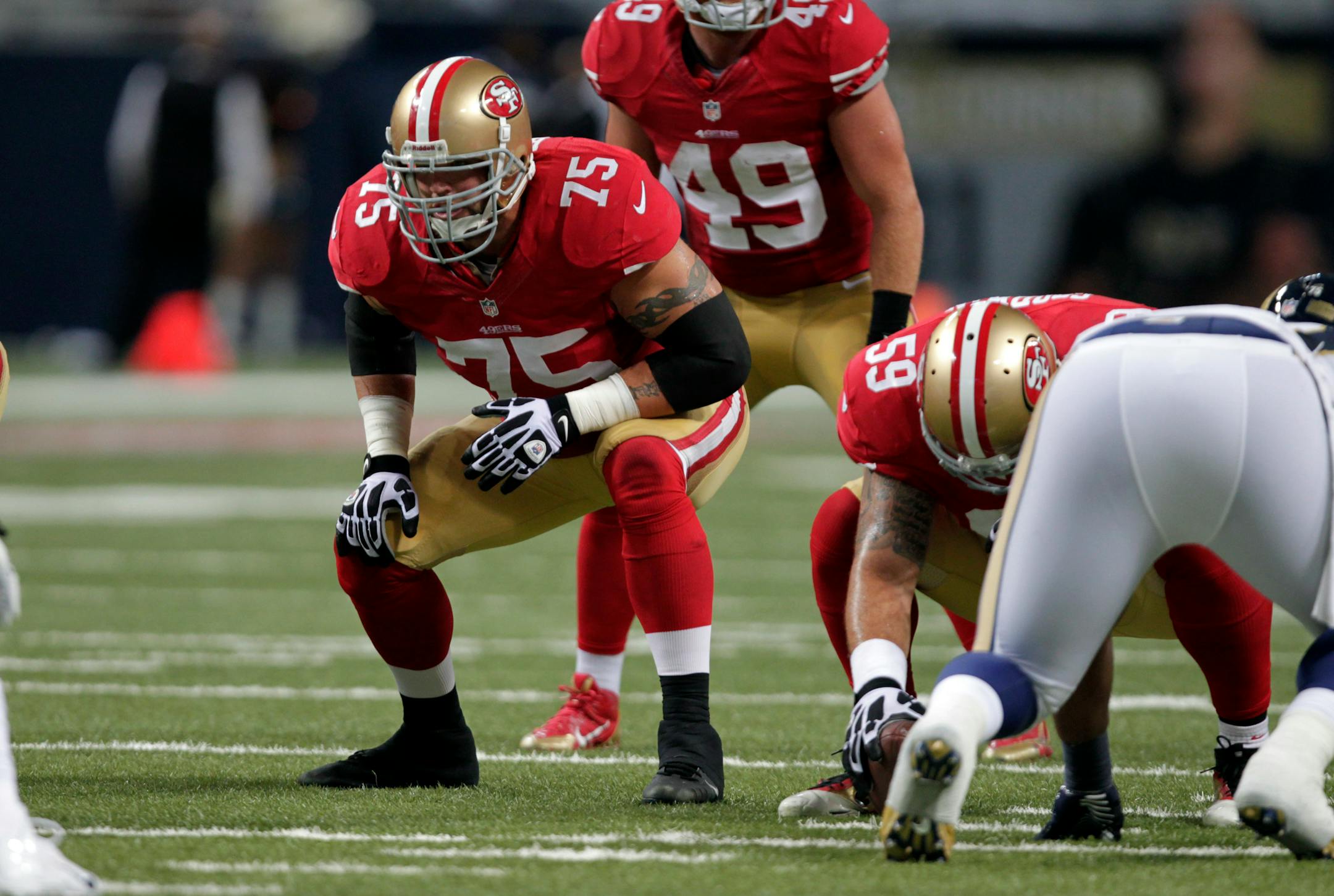 Offensive guard Alex Boone (75) left San Francisco to sign a four-year $26.8 million contract with the Vikings. He fills one of their most glaring holes.