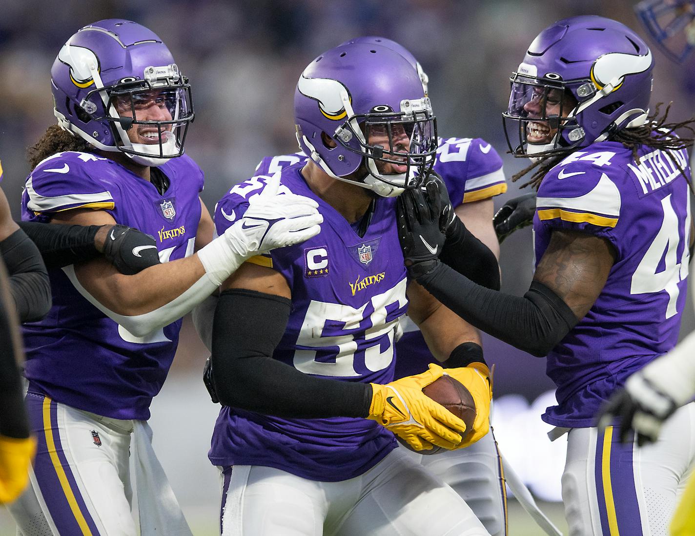 Vikings outside linebacker Anthony Barr (55) celebrated after he intercepted the ball in the second quarter, Sunday, Dec. 26, 2021 in Minneapolis, Minn. The Minnesota Vikings hosted the Los Angeles Rams at U.S. Bank Stadium. ] ELIZABETH FLORES • liz.flores@startribune.com