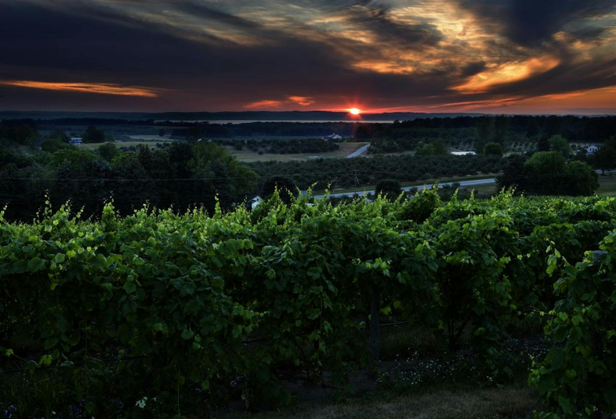 The sun sets over Chateau Chantal winery in Traverse City, Michigan, in July 2006.