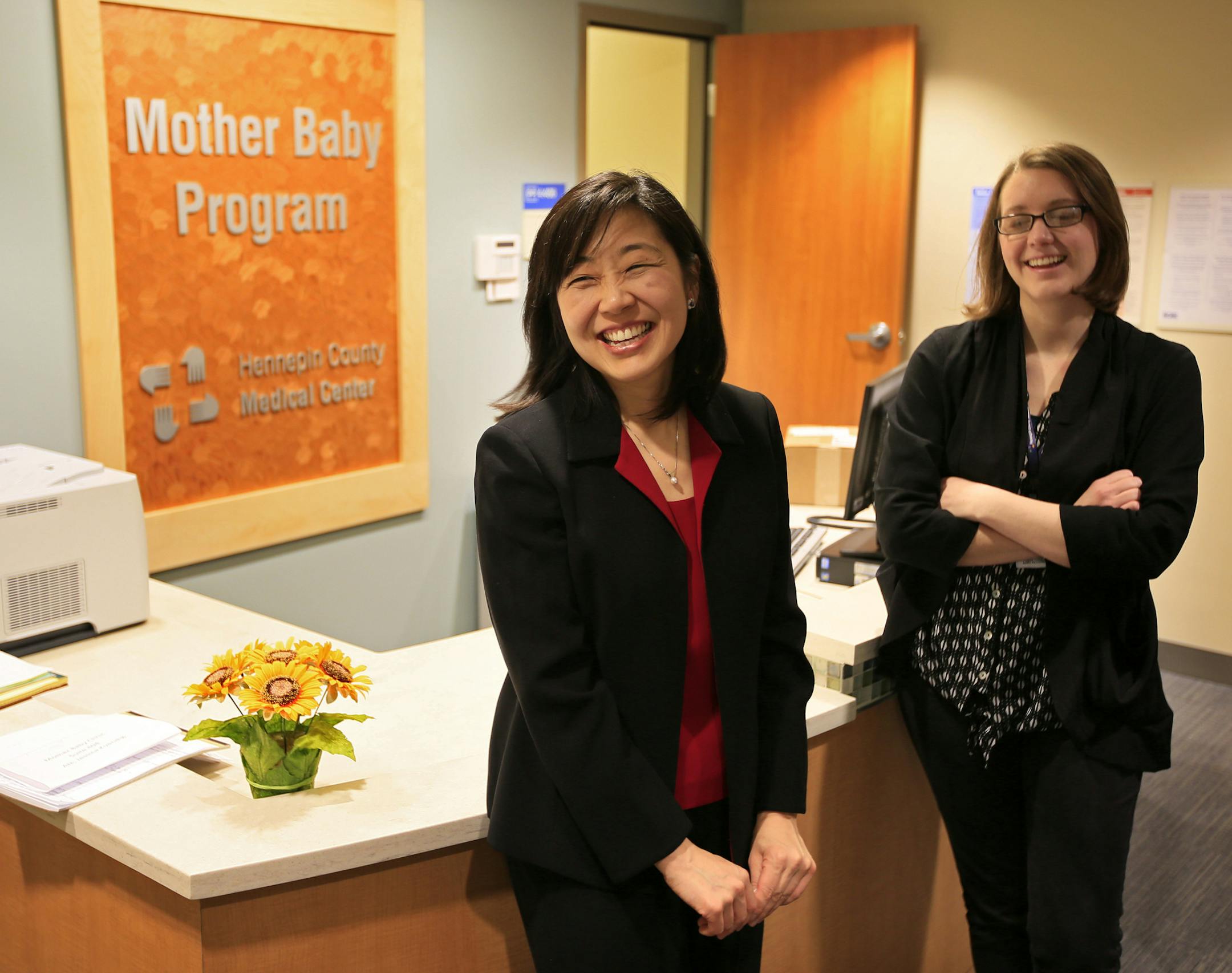 Dr. Helen Kim, director of Hennepin Women’s Mental Health Program, and Jesse Kuendig, coordinator of the Mother-Baby Program. “Part of our thinking was to create a one-stop place,” Kuendig said.