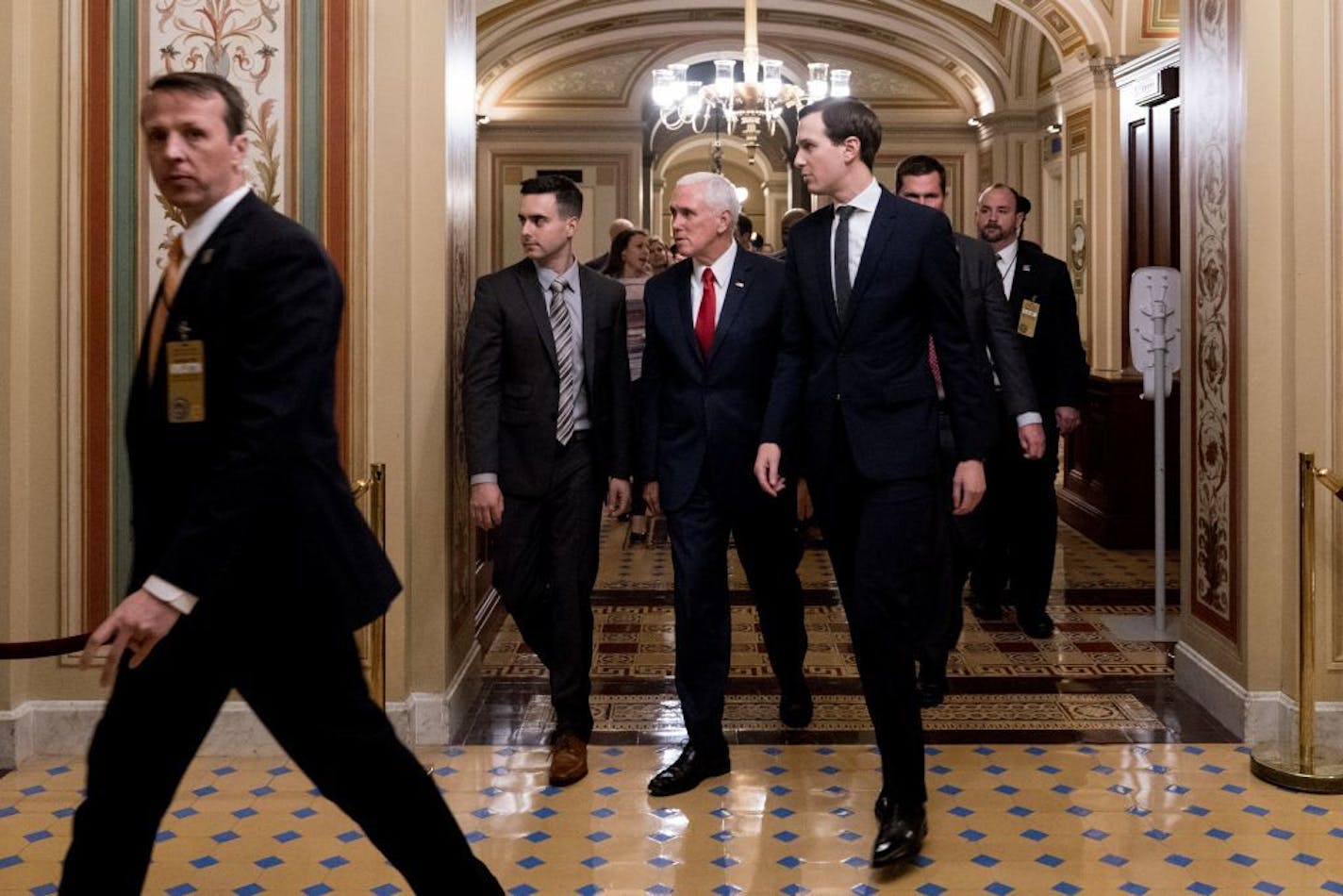 Vice President Mike Pence and Jared Kushner left the Capitol on Friday after a long day of negotiations ahead of the federal government's partial shutdown.