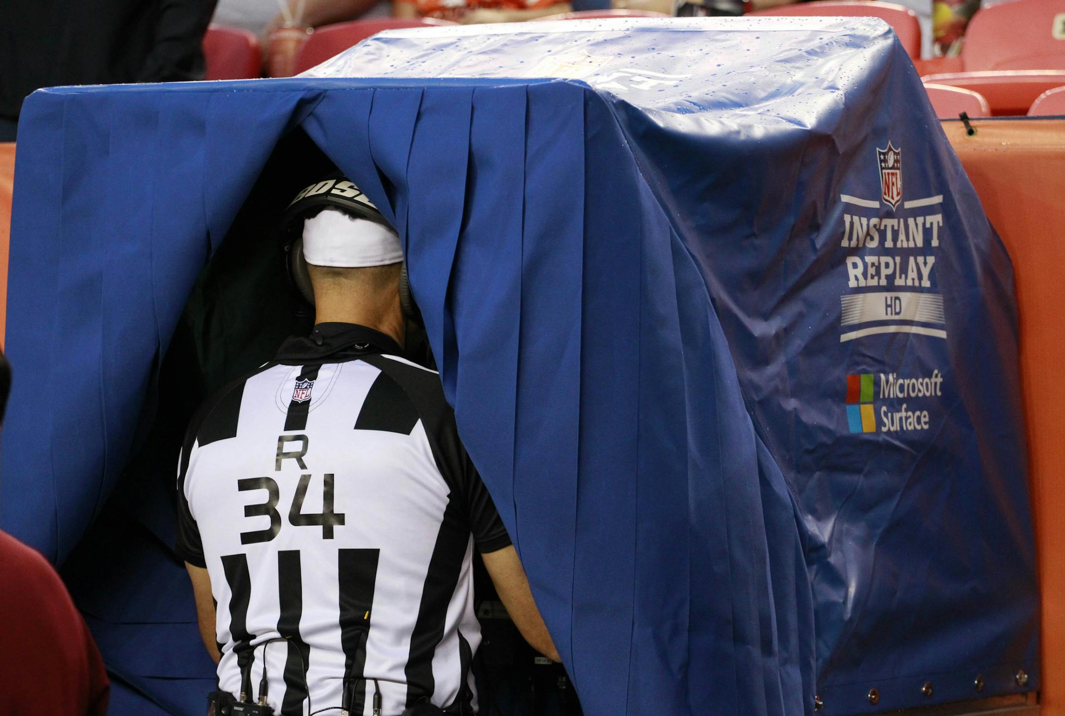 Referee Clete Blakeman (34) uses the instant replay during the first half of an NFL preseason football game between the Denver Broncos and the Arizona Cardinals, Thursday, Sept. 3, 2015, in Denver. (AP Photo/Jack Dempsey) ORG XMIT: COMY