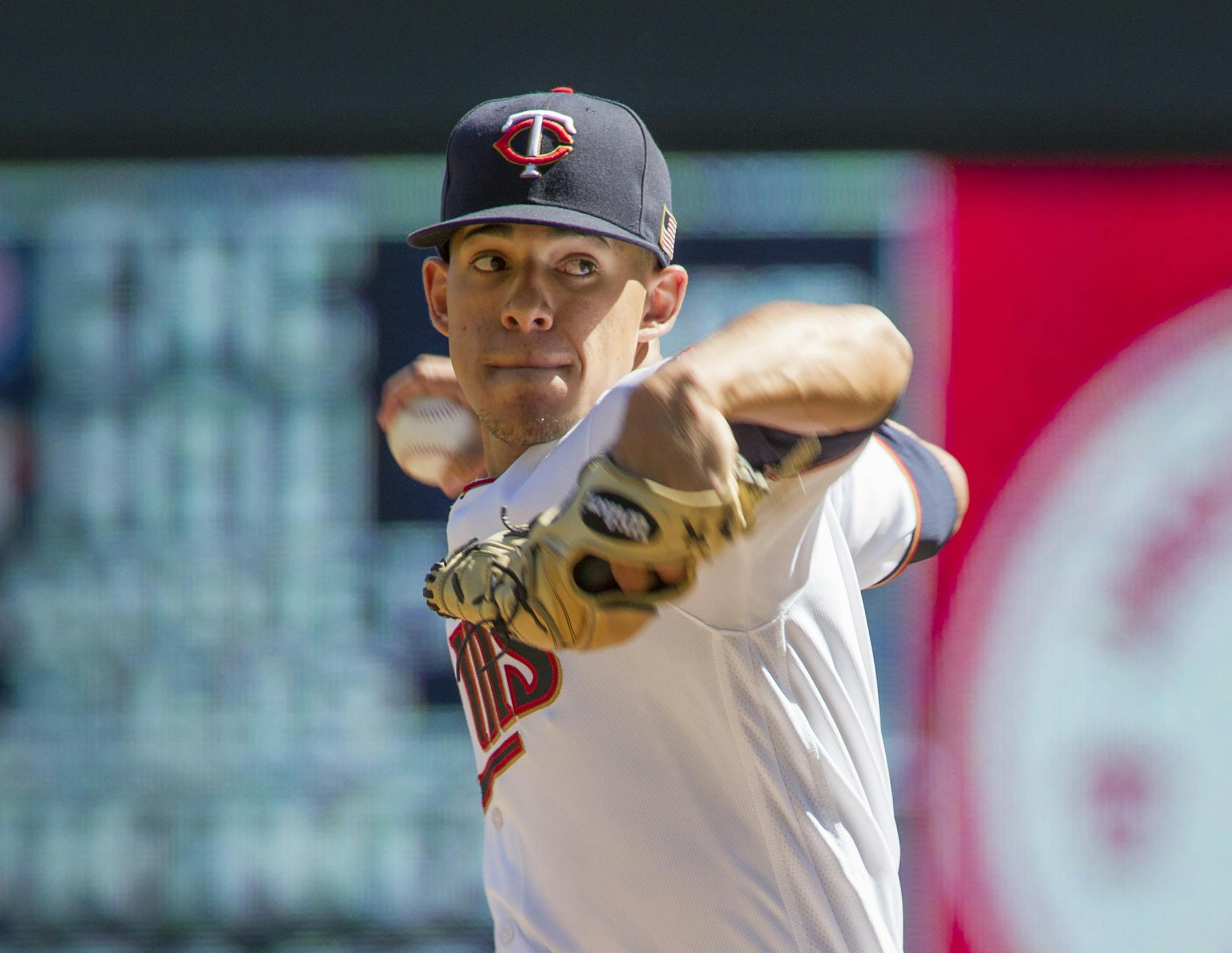 Minnesota Twins starting pitcher Jose Berrios delivers during the first inning of a baseball game against the Cleveland Indians, Sunday, Sept. 11, 2016, in Minneapolis. (AP Photo/Paul Battaglia)
