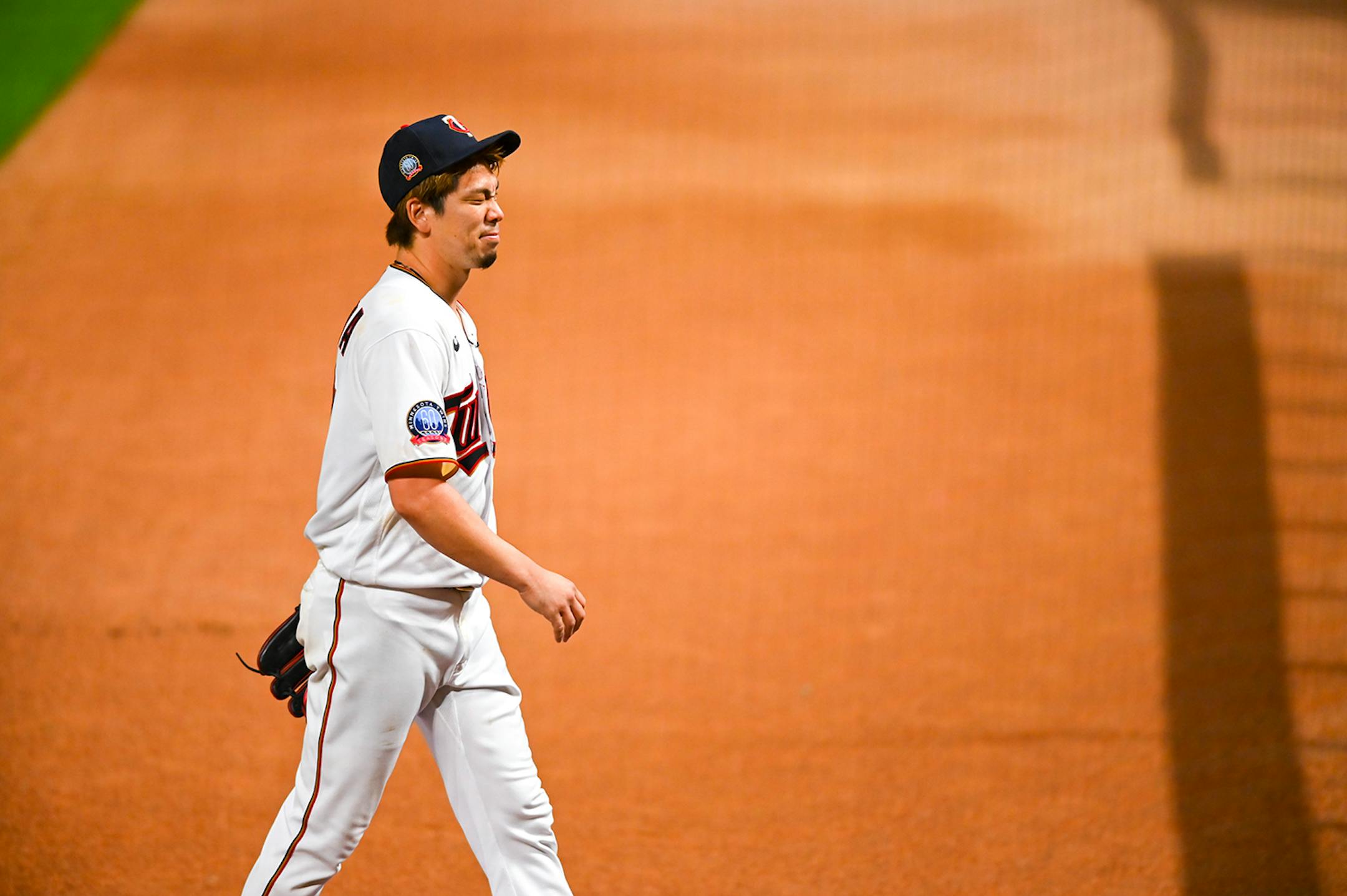Minnesota Twins starting pitcher Kenta Maeda (18) reacted after he was pulled from the game after allowing a single hit in the ninth inning.