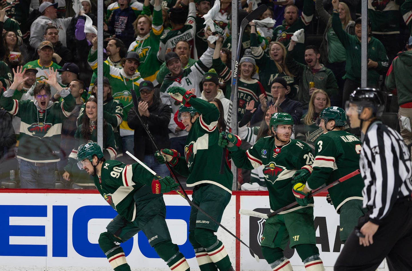 Minnesota Wild left wing Marcus Johansson (90) and his linemates celebrated after he scored on Dallas Stars goaltender Jake Oettinger in the second period. The Minnesota Wild faced the Dallas Stars in Game 3 of an NHL hockey Stanley Cup first-round playoff series, Friday night, April 21, 2023 at Xcel Energy Center in St. Paul. ] CARLOS GONZALEZ • carlos.gonzalez@startribune.com