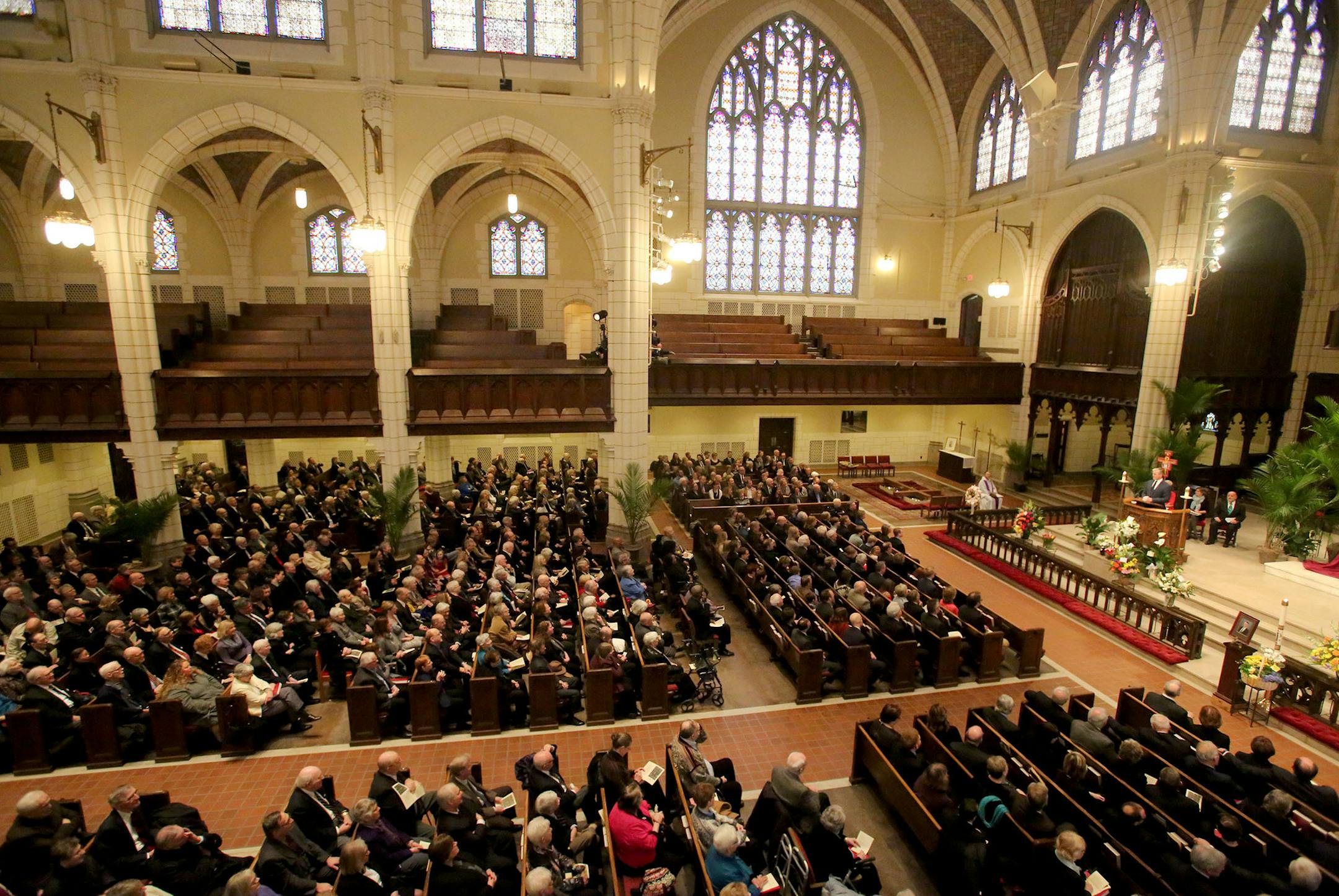 Mike Erlandson delivers a remembrance to a nearly packed church during a Memorial service for former Minnesota Congressman Martin Olav Sabo Saturday, March 19, 2016, at Central Lutheran Church in downtown Minneapolis, MN.](DAVID JOLES/STARTRIBUNE)djoles@startribune.com Funeral for former Minnesota Congressman Martin Olav Sabo Saturday, March 19, 2016, at Central Lutheran Church in downtown Minneapolis, MN.