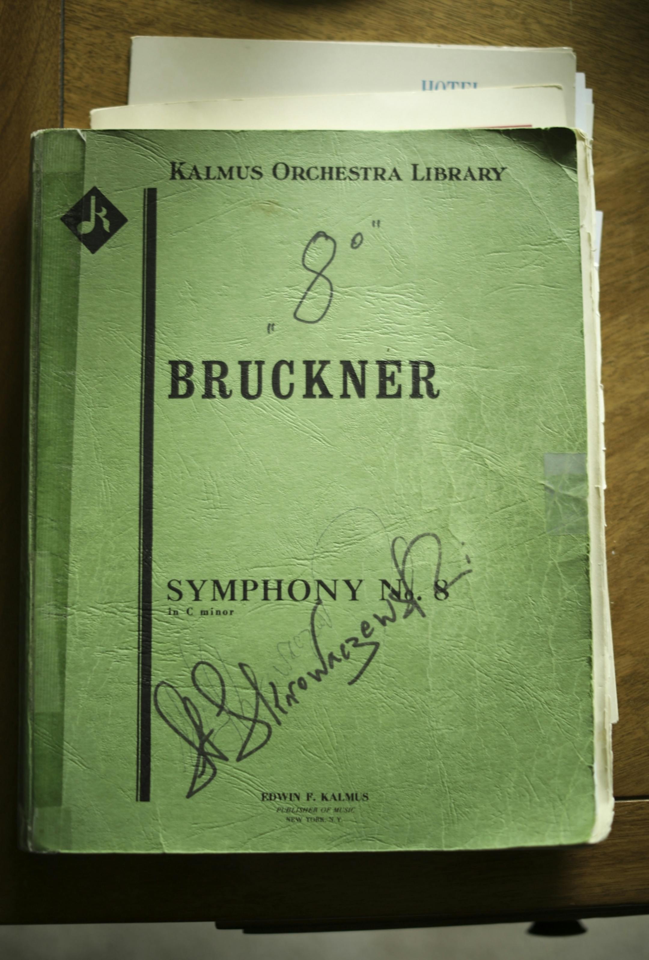 Minnesota Orchestra Conductor Laureate Stanislaw Skrowaczewski's copy of the Bruckner symphony that he will conduct with the Minnesota Orchestra was on his desk in his music study.