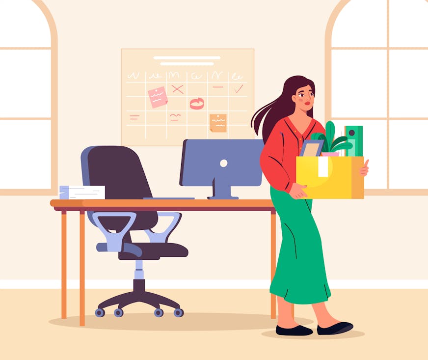 Woman carrying a box of personal items, leaving an office setting with desk and chair, calendar on the wall, and soft pastel tones. Concept of job resignation. Vector illustration