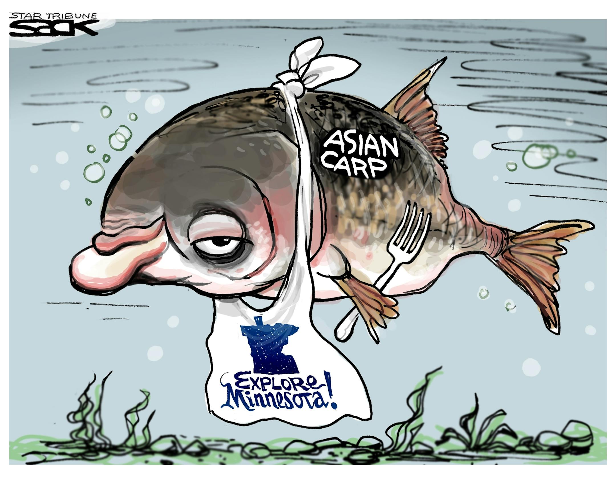 Steve Sack editorial cartoon for March 19, 2012. Topic: Invasion of the Asian carp.