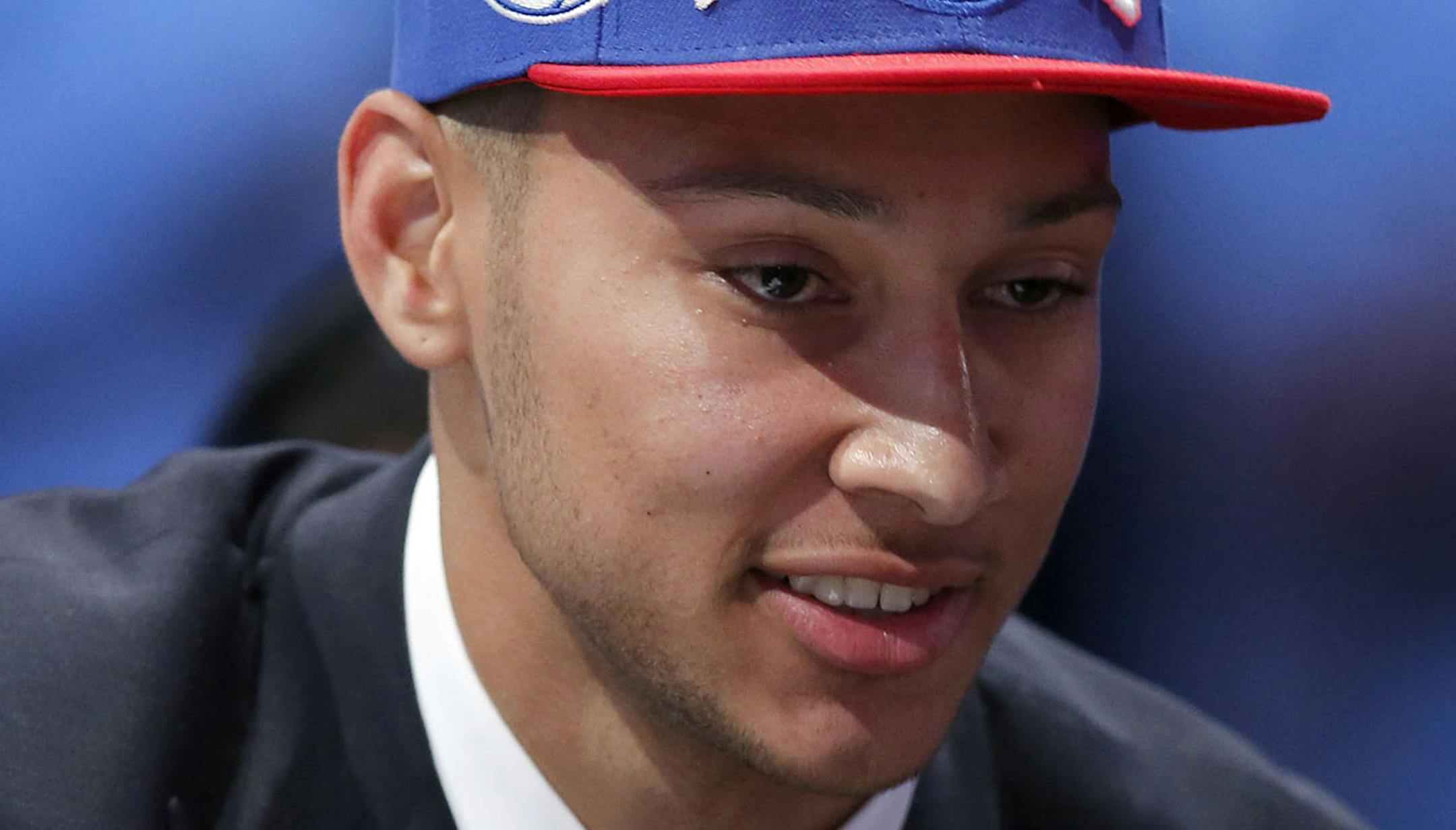 Ben Simmons, the Philadelphia 76ers' first-round, and first overall, draft pick greets the media during the NBA Draft on Thursday, June 23, 2016, from Barclays Center in Brooklyn, N.Y. (Yong Kim/Philadelphia Daily News/TNS)