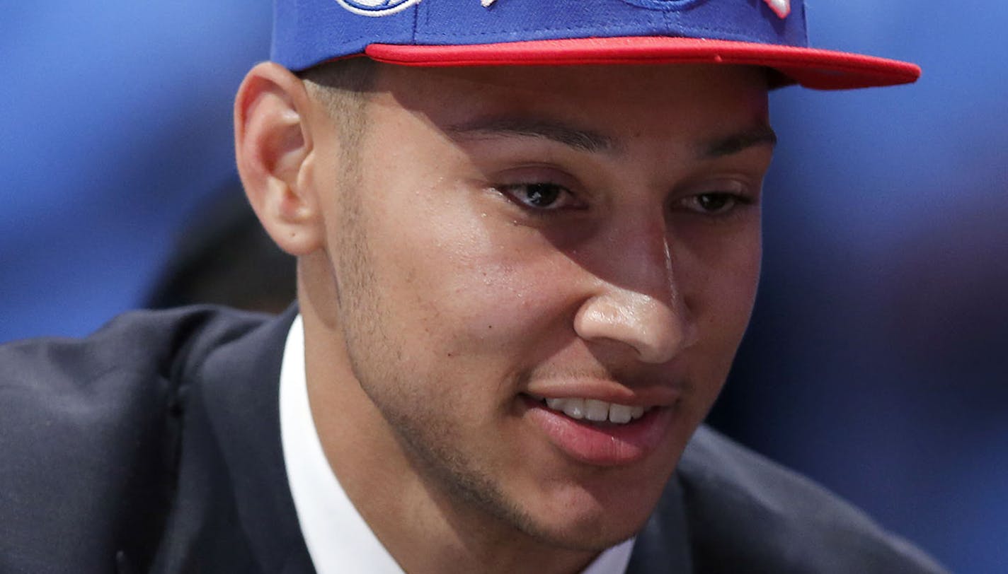 Ben Simmons, the Philadelphia 76ers' first-round, and first overall, draft pick greets the media during the NBA Draft on Thursday, June 23, 2016, from Barclays Center in Brooklyn, N.Y. (Yong Kim/Philadelphia Daily News/TNS)