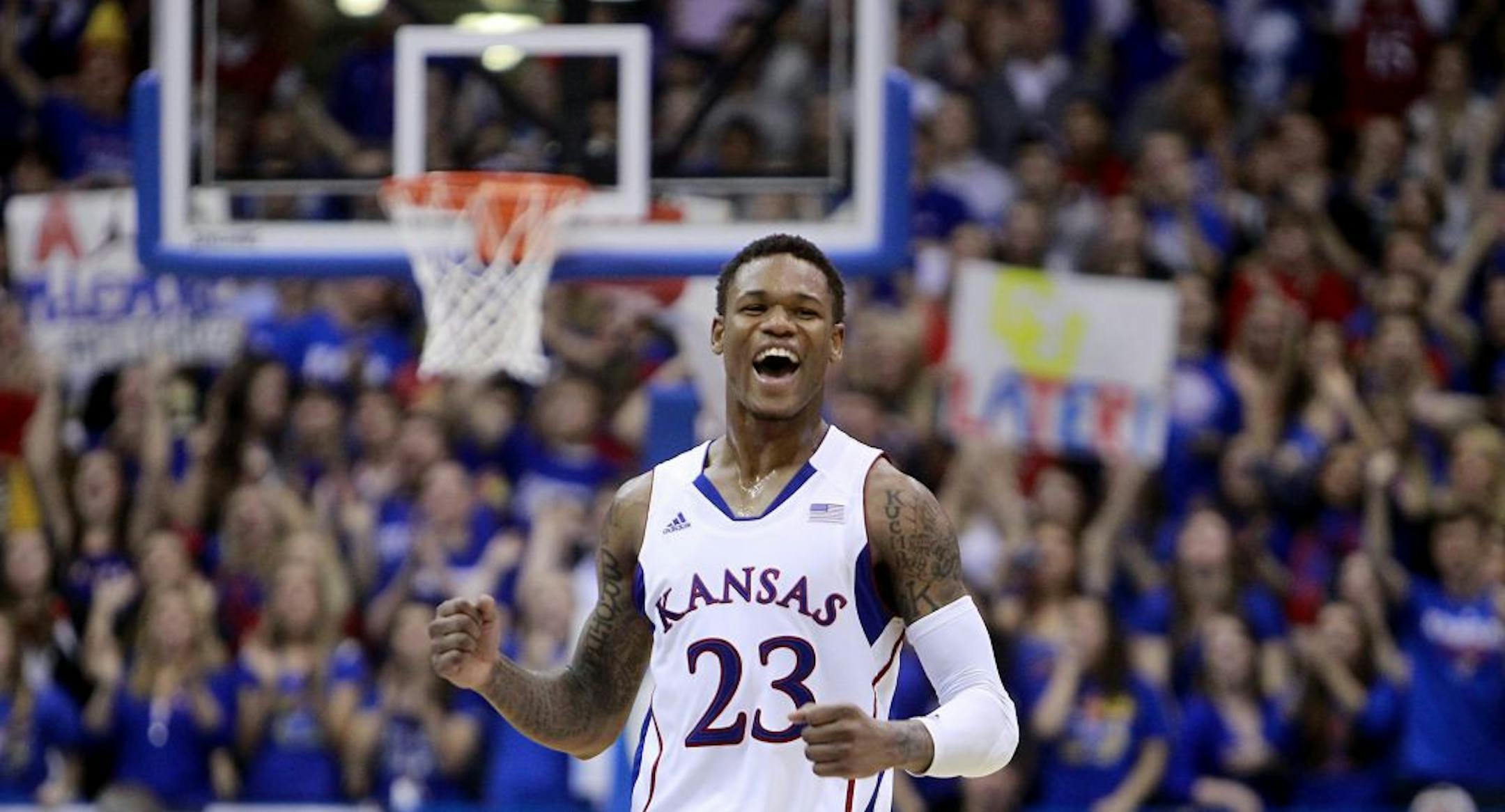 Kansas's Ben McLemore smiles after hitting a three-pointer against Colorado.