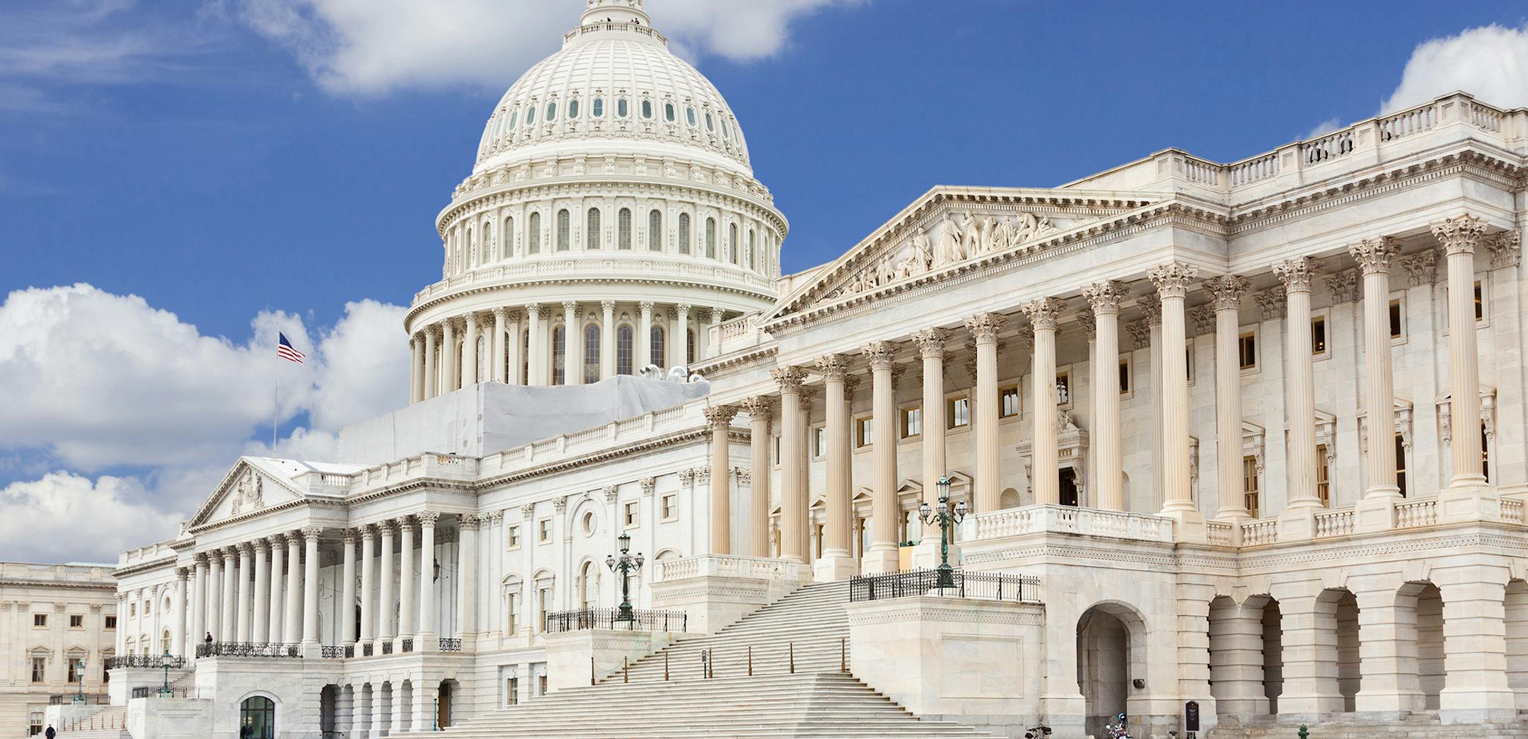 iStockphoto.com
East facade of the US Capitol Building, Washington DC, USA.. American flag and vivid blue sky with clouds are in the image. ORG XMIT: MIN1701111221020398