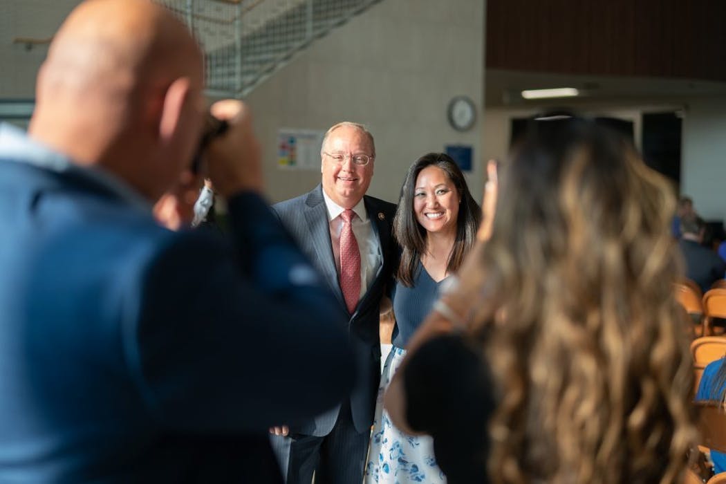 U.S. Rep. Jim Hagedorn posed for photos with his wife, Jennifer Carnahan, before a July town hall at Owatonna Middle School. Carnahan is also the chairwoman for the Republican Party of Minnesota.