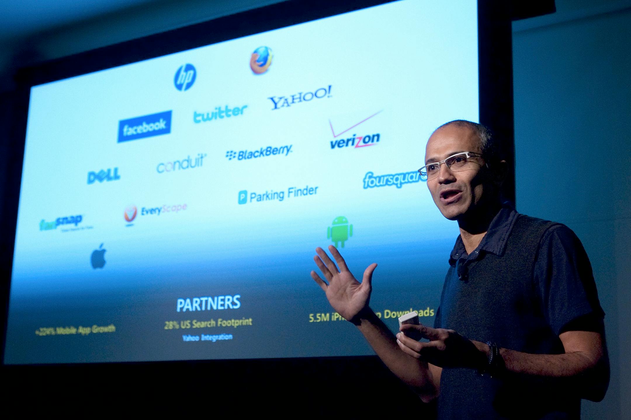 Satya Nadella, senior vice president of research and development for the online services division for Microsoft Corp., speaks during a Microsoft Search Summit event in San Francisco, California, U.S., on Wednesday, Dec. 15, 2010. Microsoft Corp. updated its Bing search engine today, aiming to build on U.S. market-share gains last month as it chases Google Inc. Photographer: David Paul Morris/Bloomberg *** Local Caption *** Satya Nadella