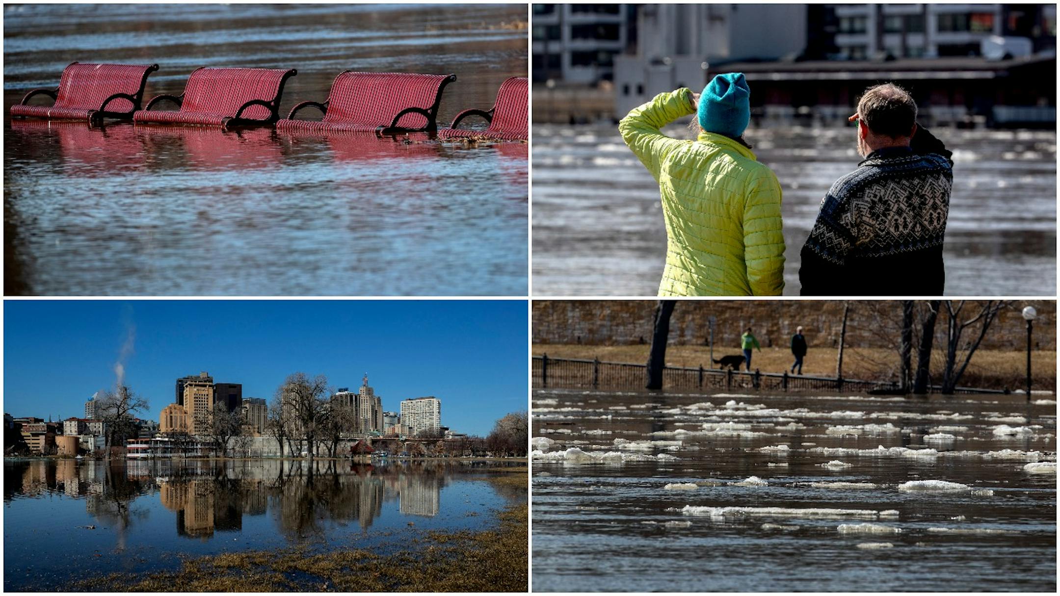 Water, water everywhere: (Clockwise from top left) Benches at Harriet Island Regional Park in St. Paul were partially submerged Monday afternoon as the Mississippi River overflowed its banks. Pedestrians came out to view the flooding at the park while chunks of ice flowed through St. Paul on their way to oblivion. Some of the city's downtown buildings were reflected in the calmer water at the park.