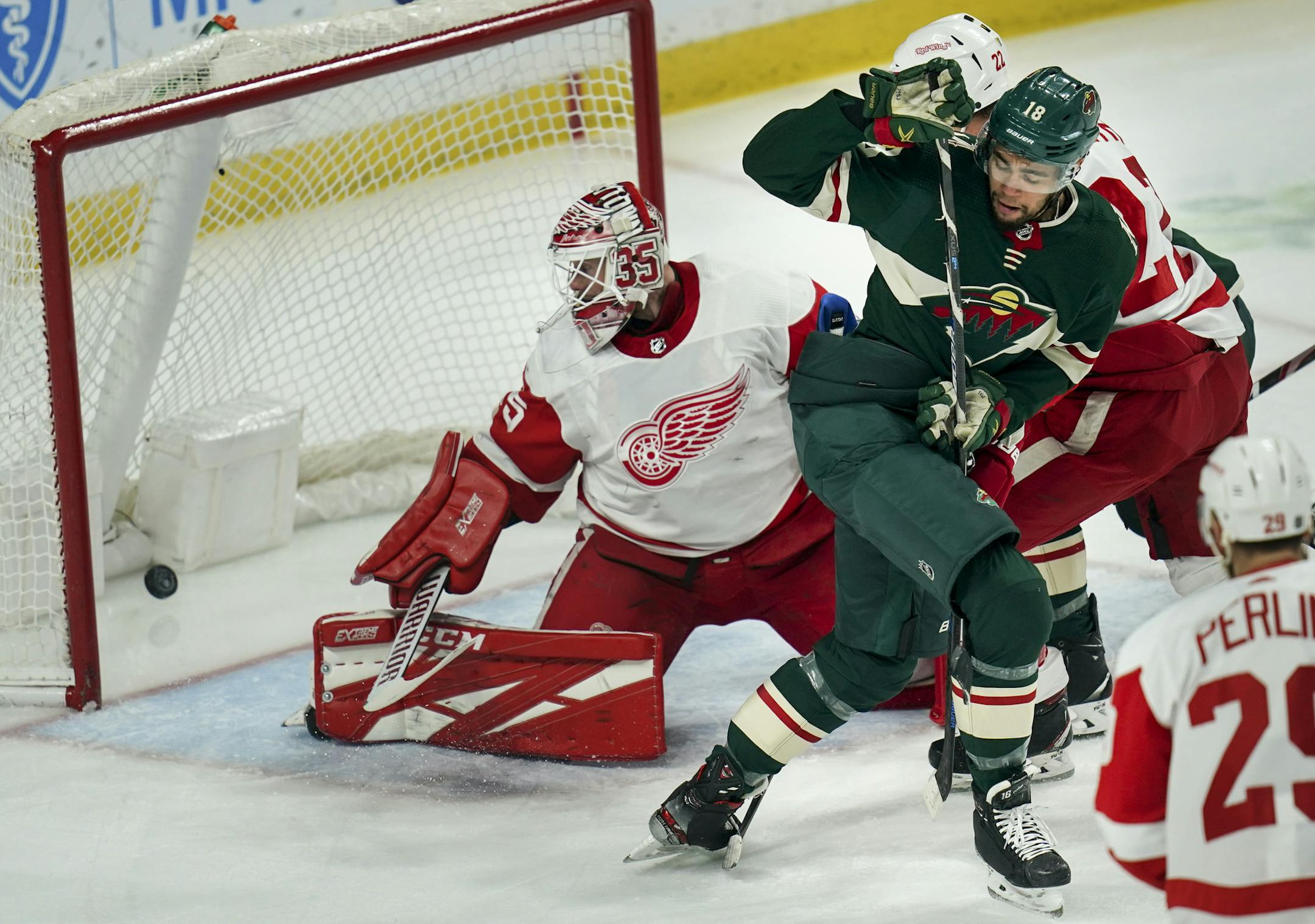 Minnesota Wild left wing Jordan Greenway (18) scored on Detroit Red Wings goaltender Jimmy Howard (35) in the first period Jan. 22. Wild defenseman Matt Dumba (24) assisted in the shot.
