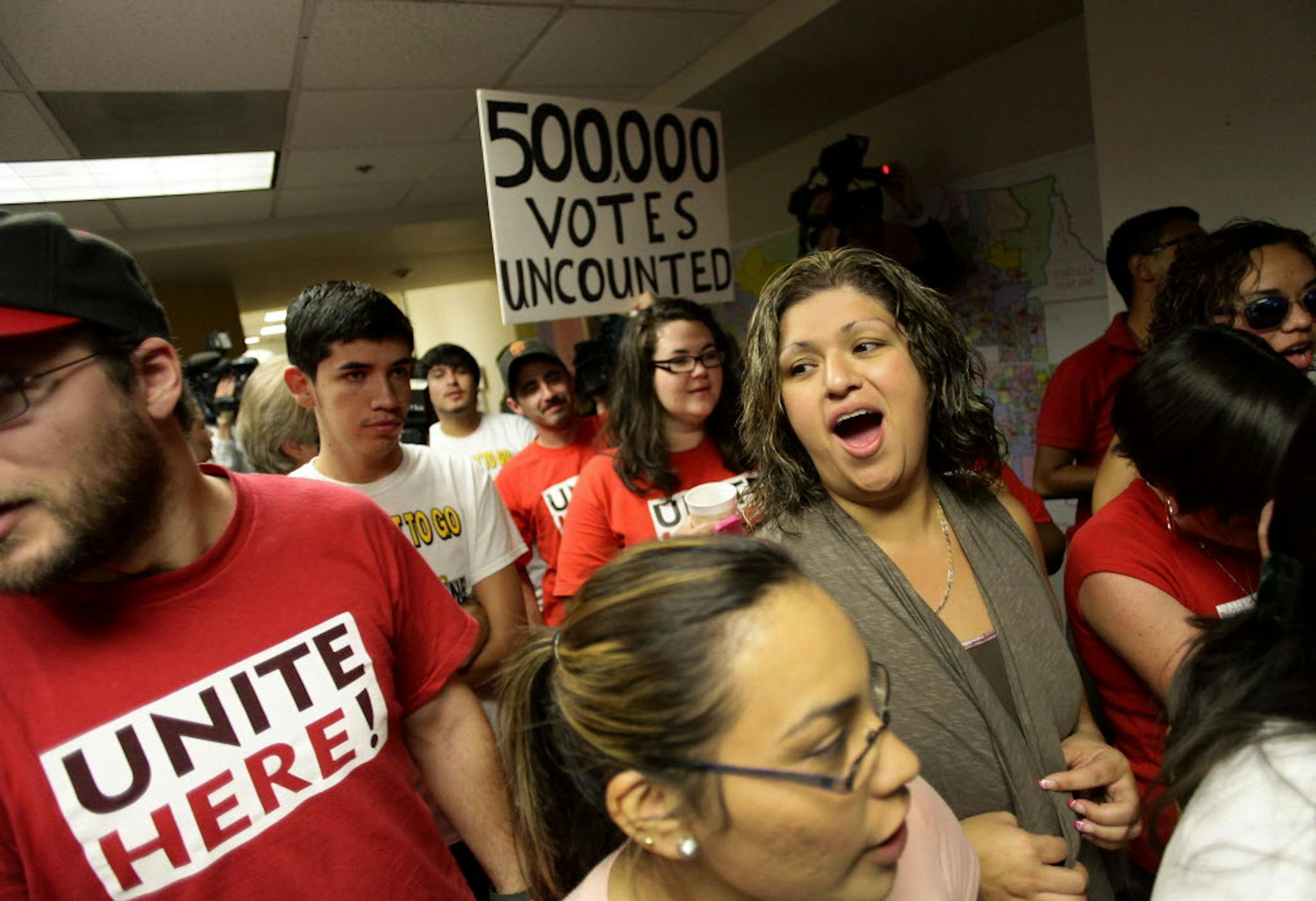A protest seeking the count of provisional ballots at the Maricopa County Tabulation and Election Center, in Phoenix, Nov. 7, 2012.