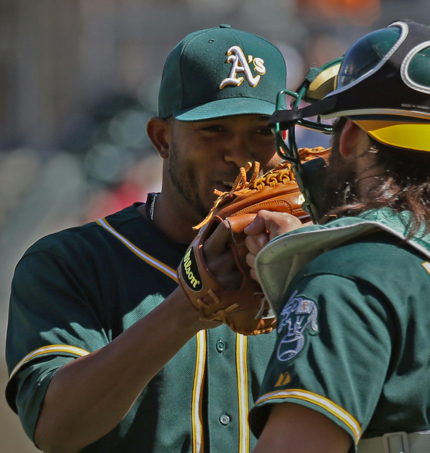 (left to right) A's pitcher Fernando Abad and catcher Dereck Norris celebrated after beating the Twins.] Minnesota Twins vs. Oakland A's, 4/10/14.] Bruce Bisping/Star Tribune bbisping@startribune.com Fernando Abad, Dereck Norris/roster.