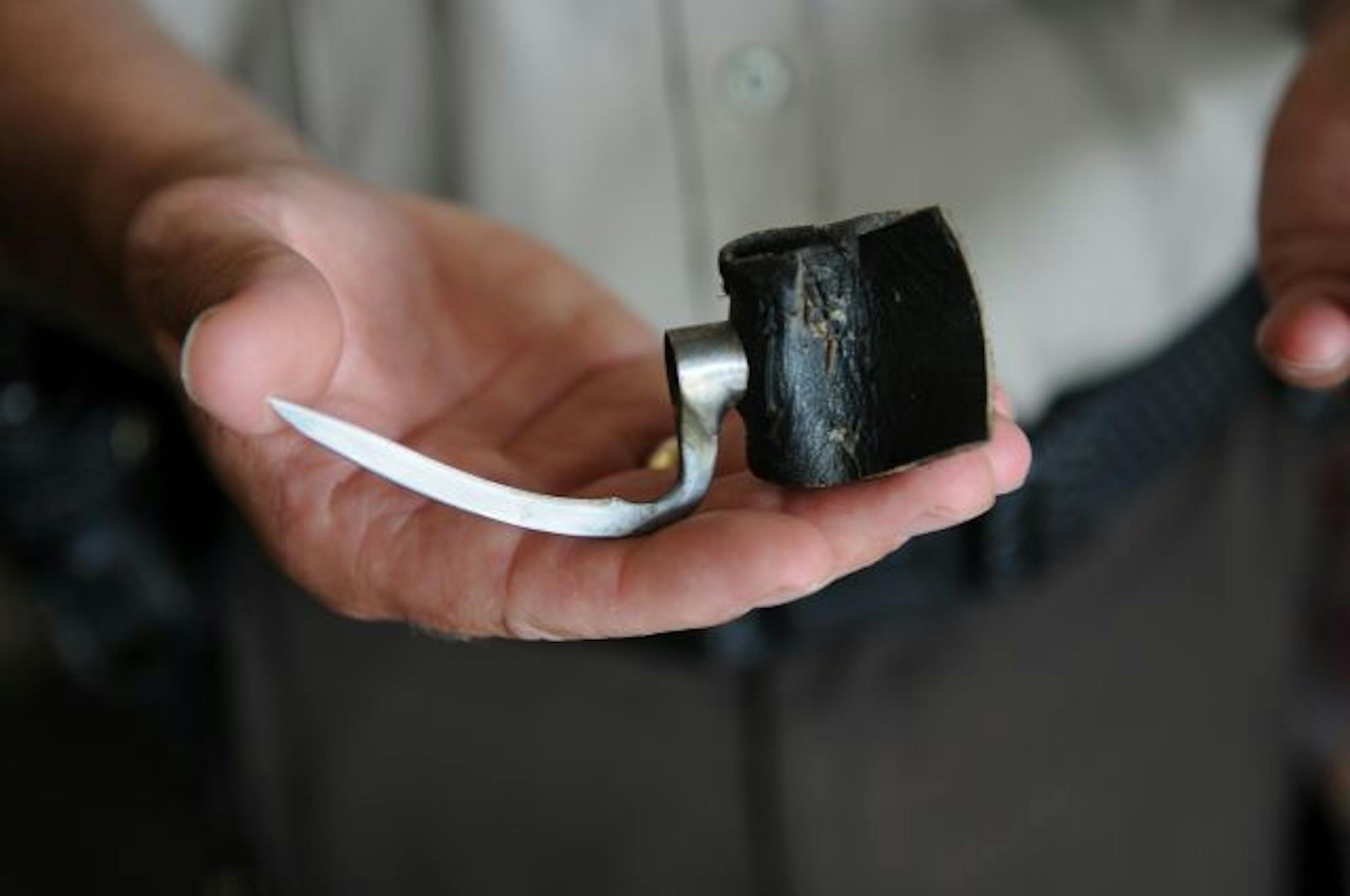 Streff displayed a weapon that can be attached to a leg of a fighting cock.