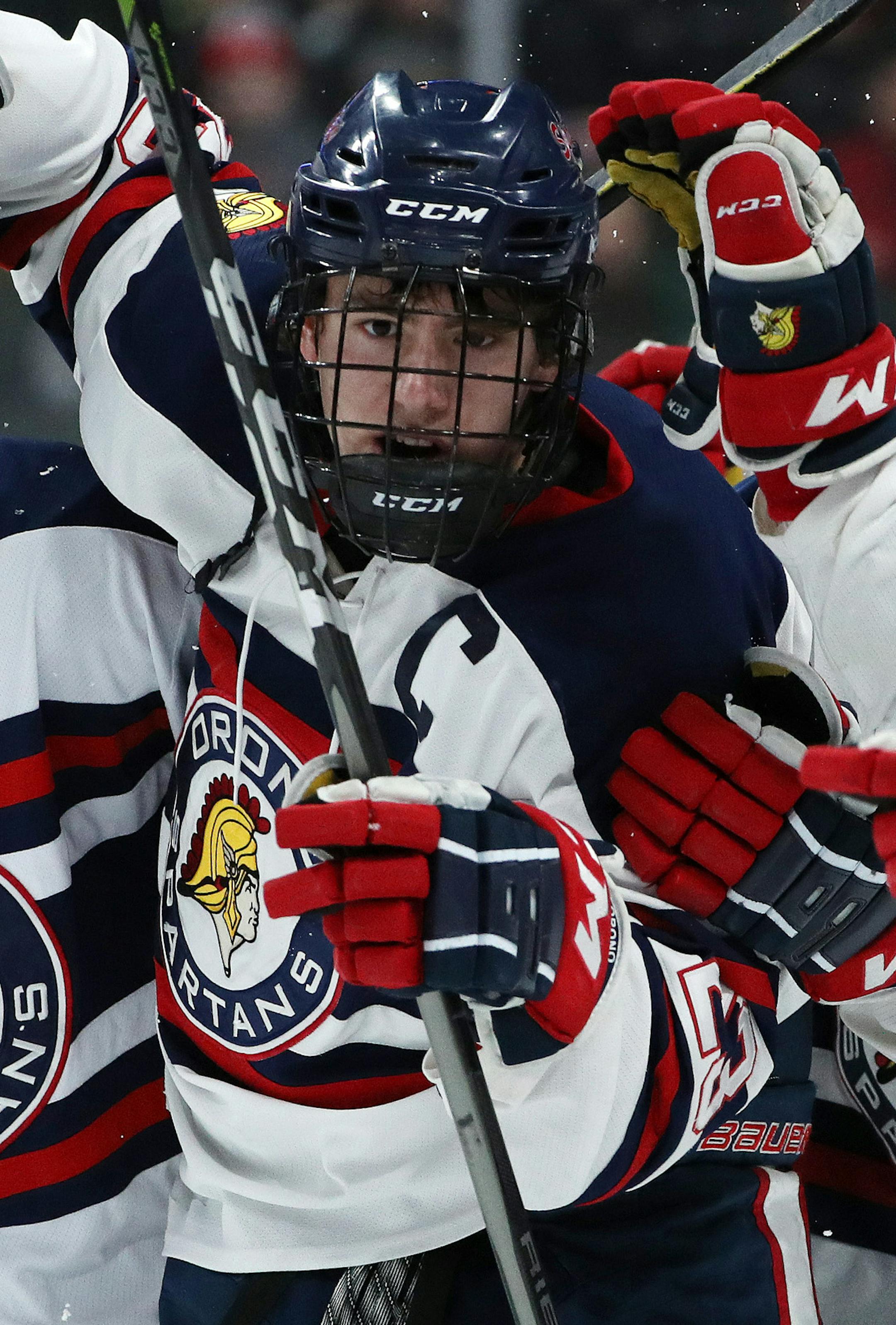 Orono High School forward Thomas Walker (23) celebrated with his teammates after scoring in the first period. ] ANTHONY SOUFFLE ï anthony.souffle@startribune.com Alexandria Area High School played Orono High School in an MSHSL Class 1A boys hockey championship game Saturday, March 10, 2018 at the Xcel Energy Center in St. Paul, Minn.