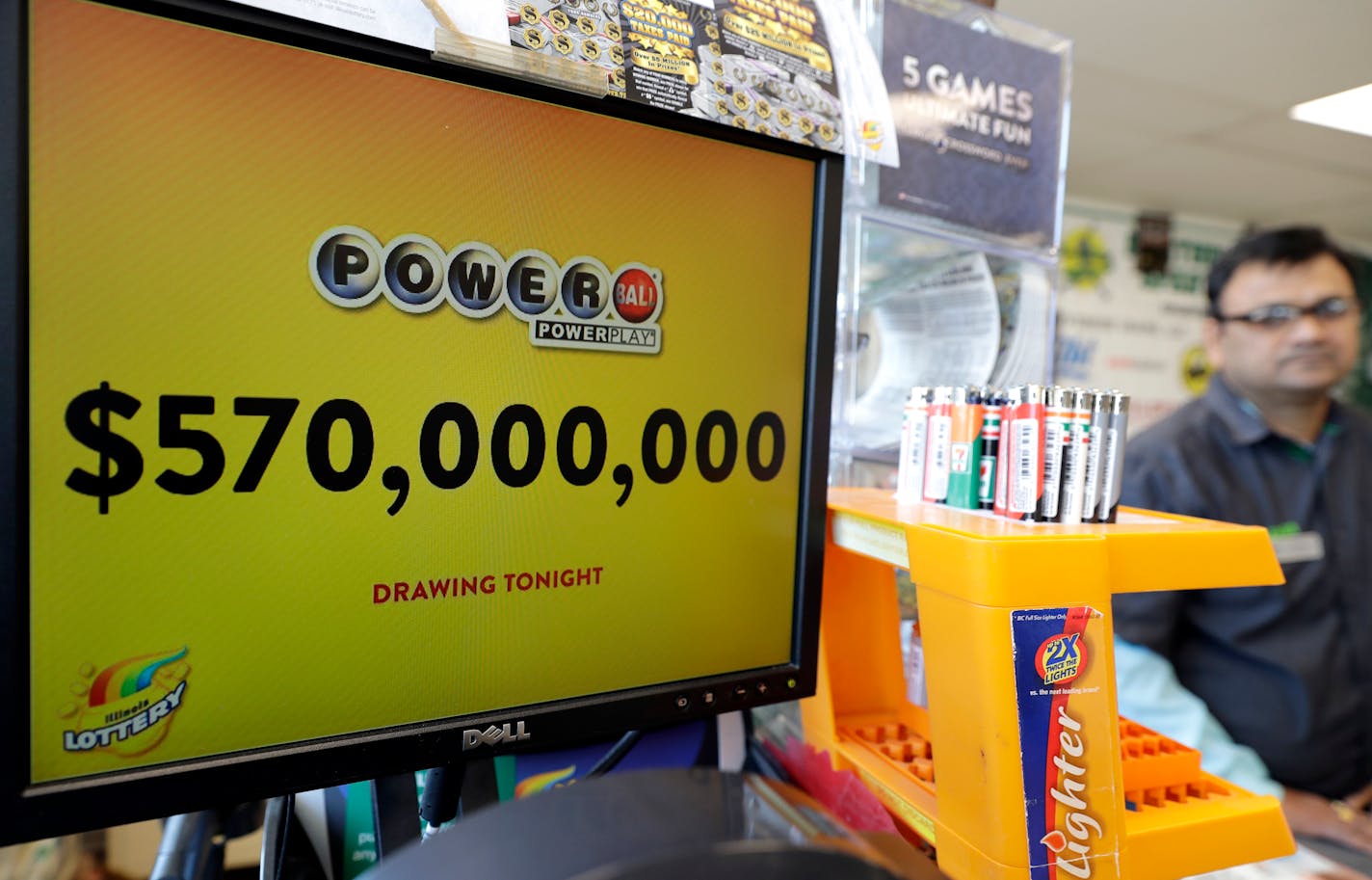 A Powerball display at a convenience store.