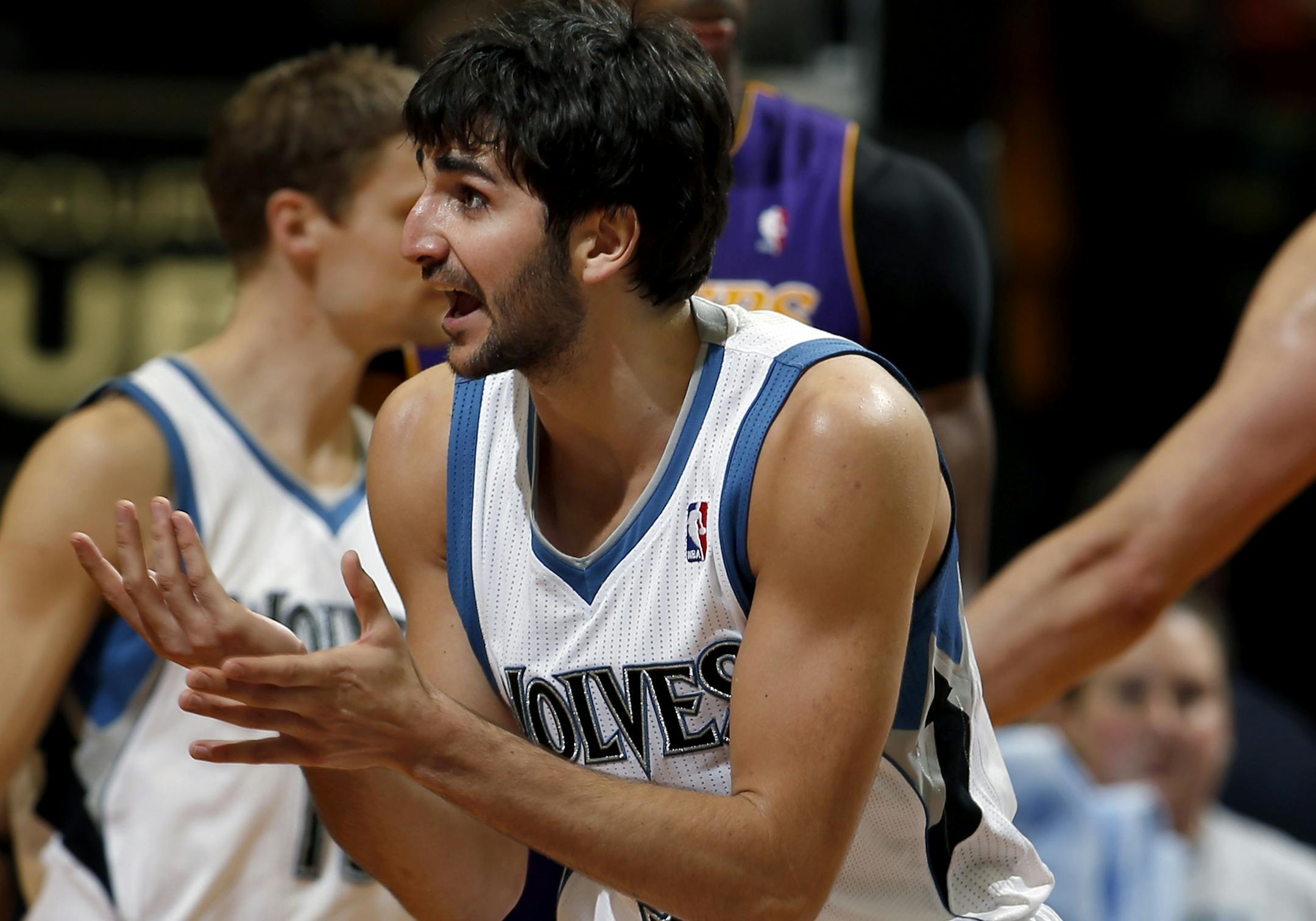 Ricky Rubio (9) pleaded to a referee after he thought he was fouled after taking the last shot of the game. LA beat Minnesota by a final score of 120-117.