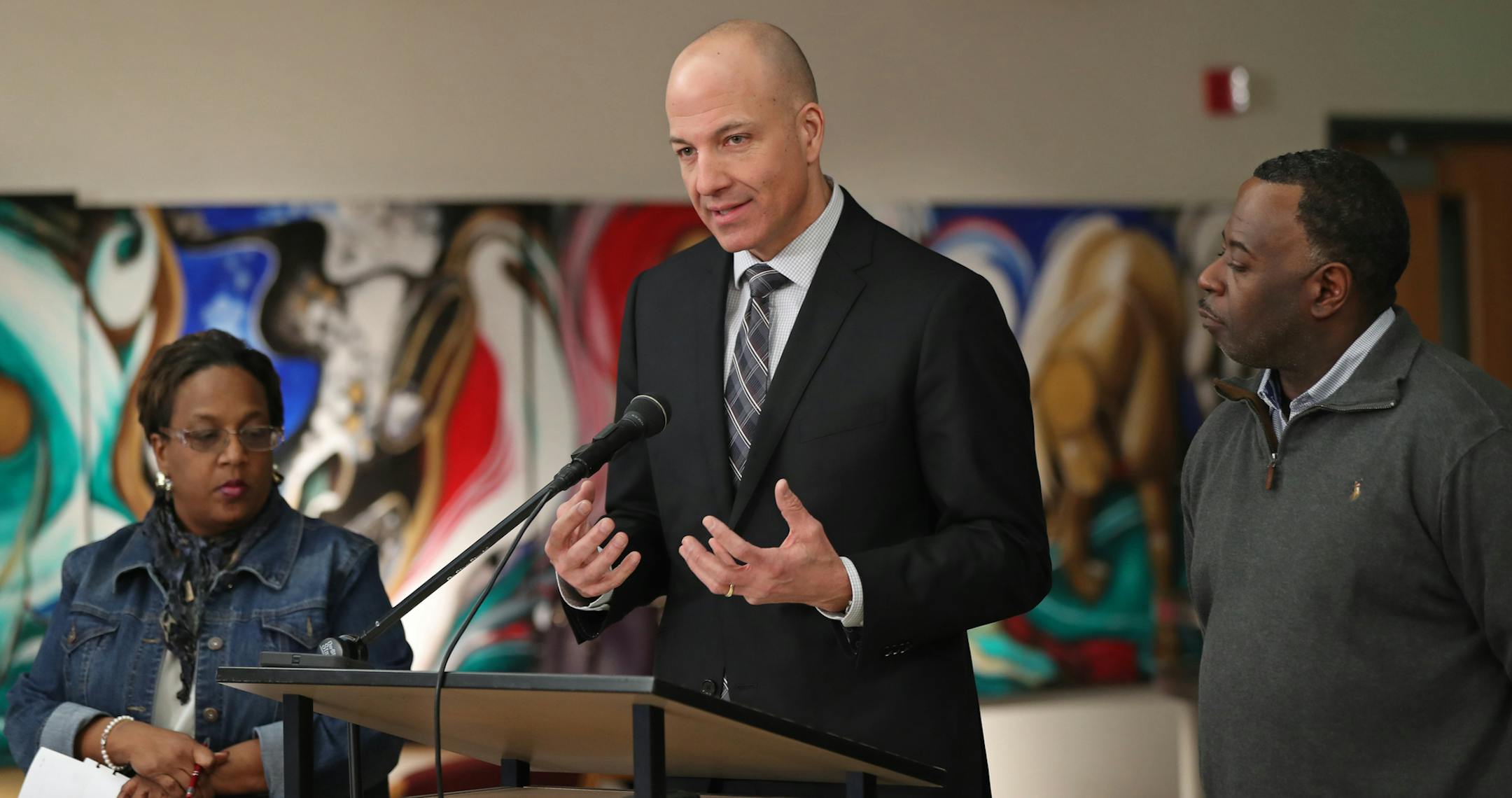 Saint Paul Public Schools Superintendent Joe Gothard answered questions from the media about the potential teacher strike. With him were Jackie Turner, chief engagement officer for Saint Paul public schools (left) and Laurin Cathey, human resources director for the school district. ] Shari L. Gross • shari.gross@startribune.com St. Paul School District officials will hold a news conference Thursday to address a possible teachers strike. The move comes a day after the St. Paul Federation o