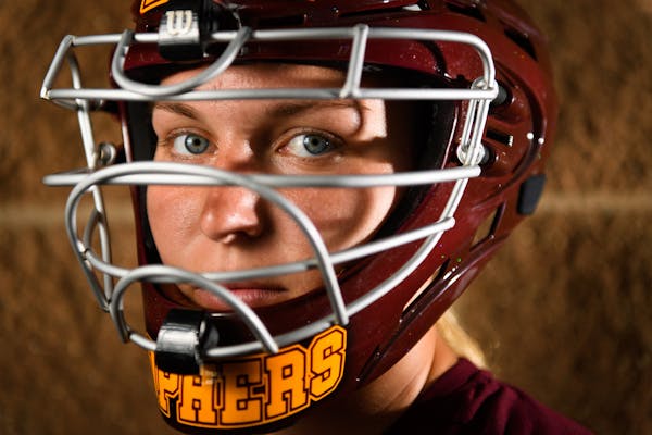 Gophers softball catcher Kendyl Lindaman was photographed after practice Tuesday, April 25, 2017 at Jane Sage Cowles Stadium in Minneapolis, Minn. ] A