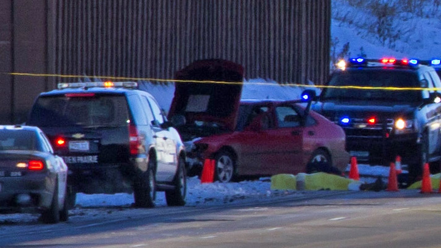 The scene of a high speed car chase that ended in shots fired on Highway 212 in Eden Prairie on Thursday, February 7, 2014.