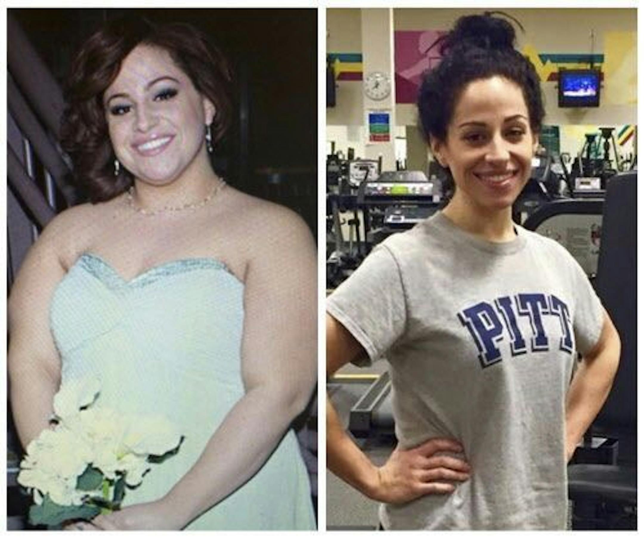 In this combination photo of images provided by Andrea Massella, Massella appears before and after losing significant body weight. While on her weight loss crusade, Massella noticed Ronnie Brower's journey to losing 458 pounds on Facebook and they met over a ping pong and basketball game at the gym. The couple, who lost a combined 578 pounds plan to marry on Saturday, May 13, 2017.