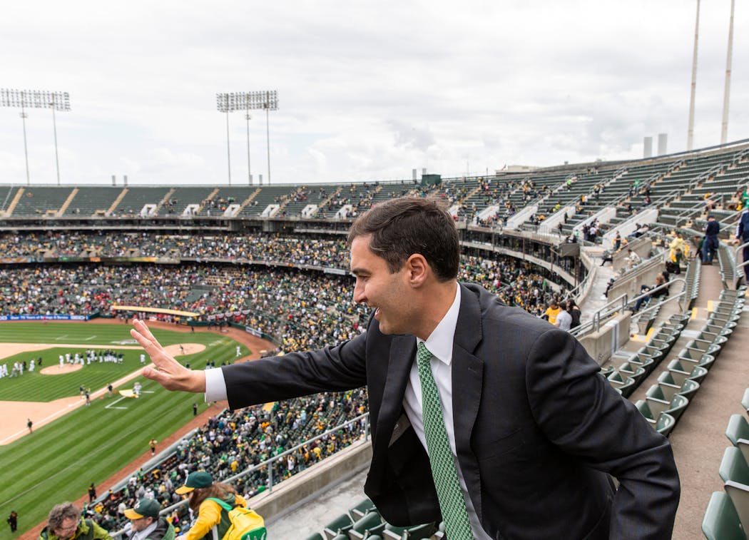 Dave Kaval, president of the Athletics, during a game at the team’s aging stadium in Oakland, Calif., in 2019.