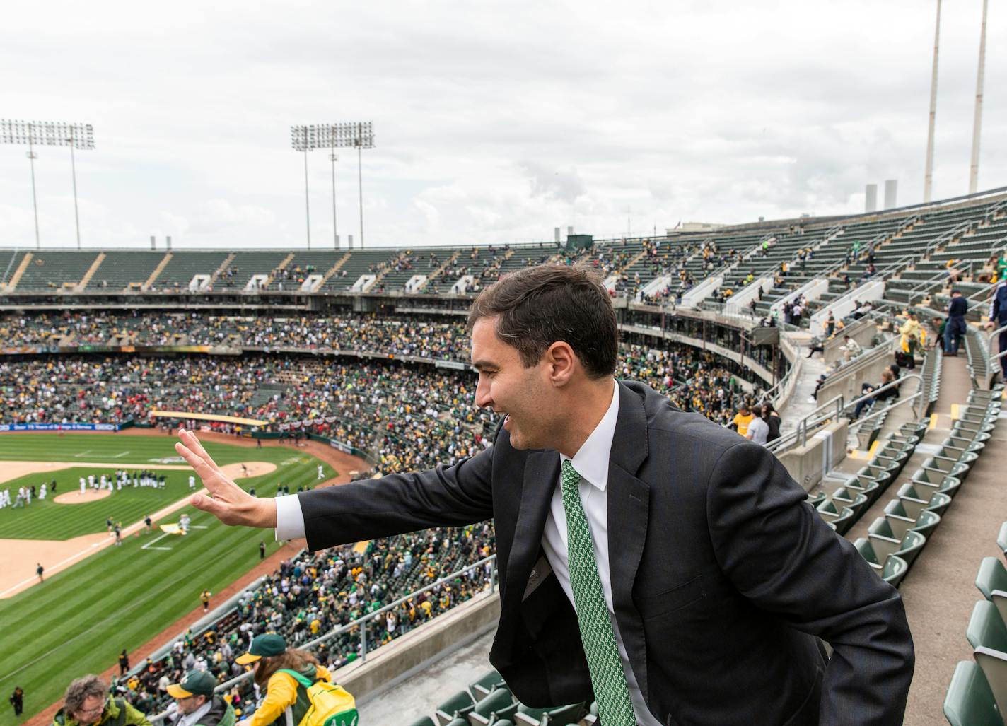 FILE Ñ Dave Kaval, president of the Athletics, during a game at the teamÕs aging stadium in Oakland, Calif., March 28, 2019. For years, the AÕs have been in the hunt for a sparkly new stadium or an energetic new city, creating a limbo that almost goads fans into staying away. And in the first weeks of the 2022 season, they have been. Cayce Clifford/The New York Times)