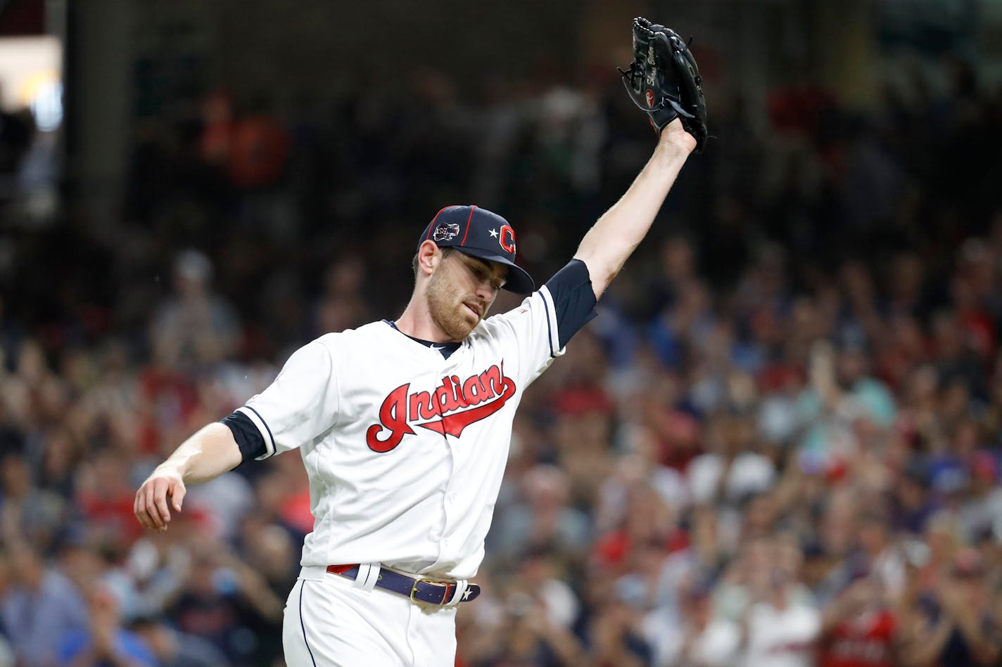 American League pitcher Shane Bieber of the Cleveland Indians after striking out the National League's Ronald Acuna Jr. of the Atlanta Braves, to end the top of the fifth inning of the All-Star Game on Tuesday. Bieber struck out the side and was named the game's MVP.