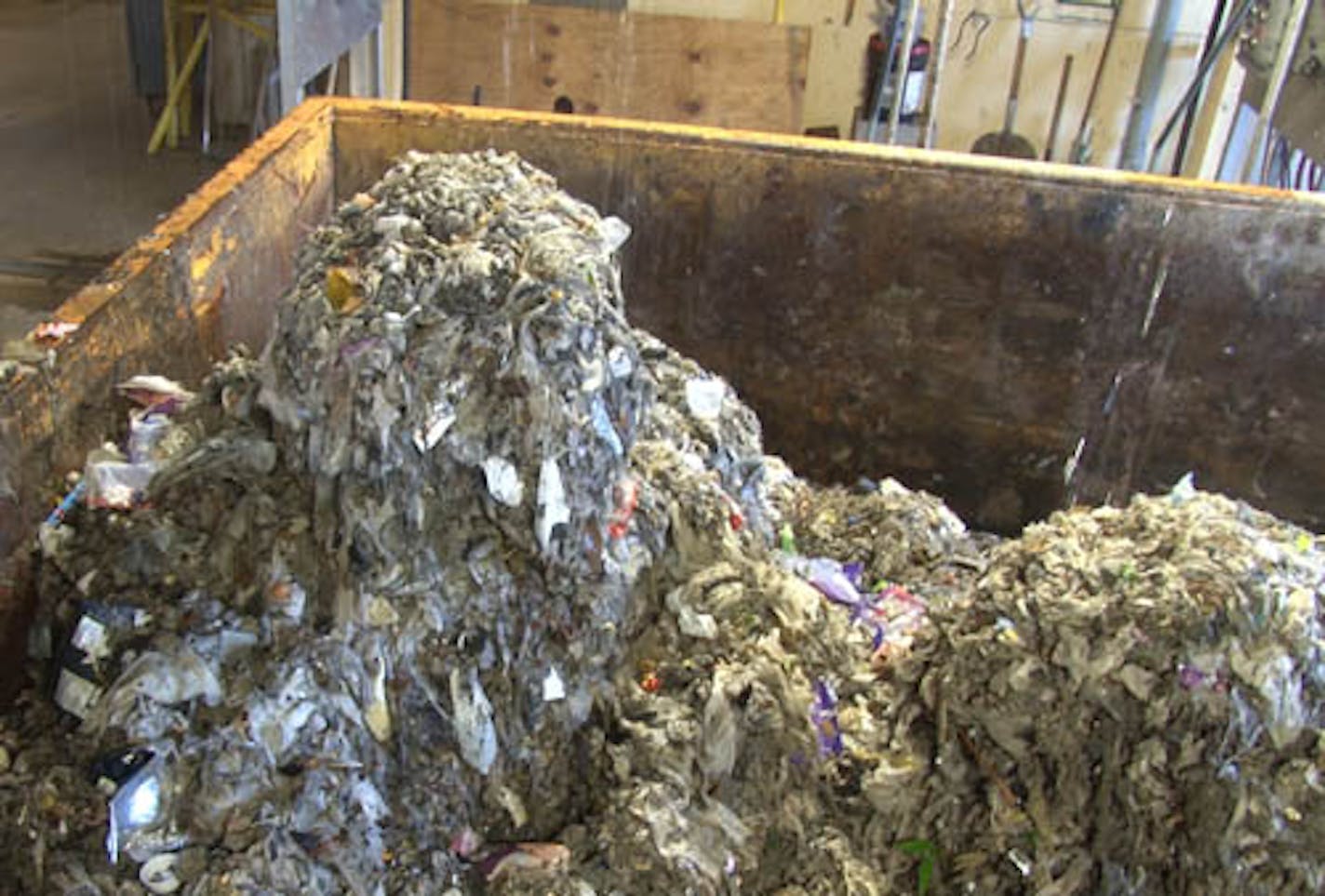 A bin at the Metro Wastewater Treatment Plant in St.Paul, holding non-biodegradable materials caught by screens early in the treatment process.