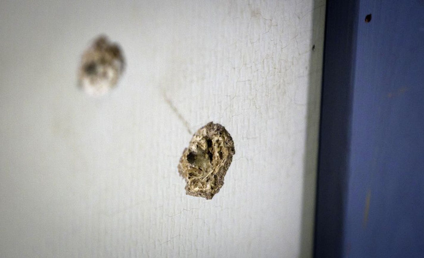 A bullet hole a cafe where several victims were shot on Utoya island in Norway