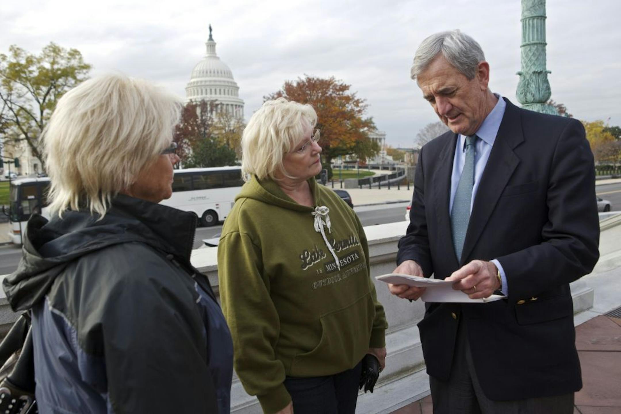 Rep.-elect Rick Nolan, D-Minn., talks to two of his constituents, Karen Moller, center, and Lynn Burdges on Nov. 15, 2012 in front of the Library of Congress in Washington, D.C. Nolan arrived in Washington, D.C. this week to register for orientation. He served three terms in Congress from 1975 until 1980 in Minnesota's 6th disrict.