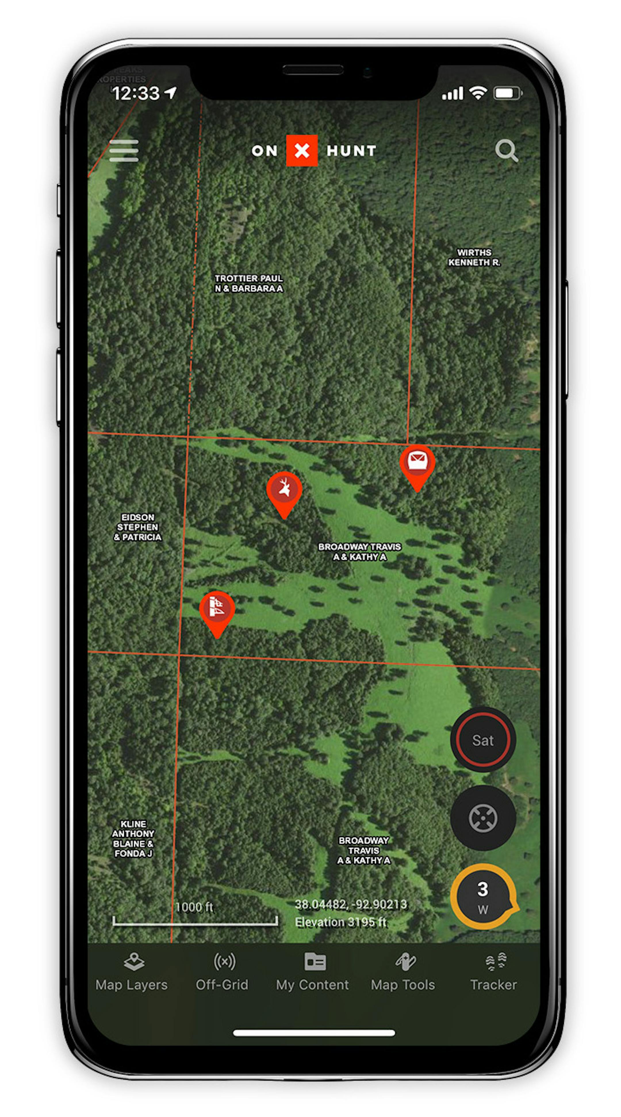 OnX Hunt with waypoints and windspeed.