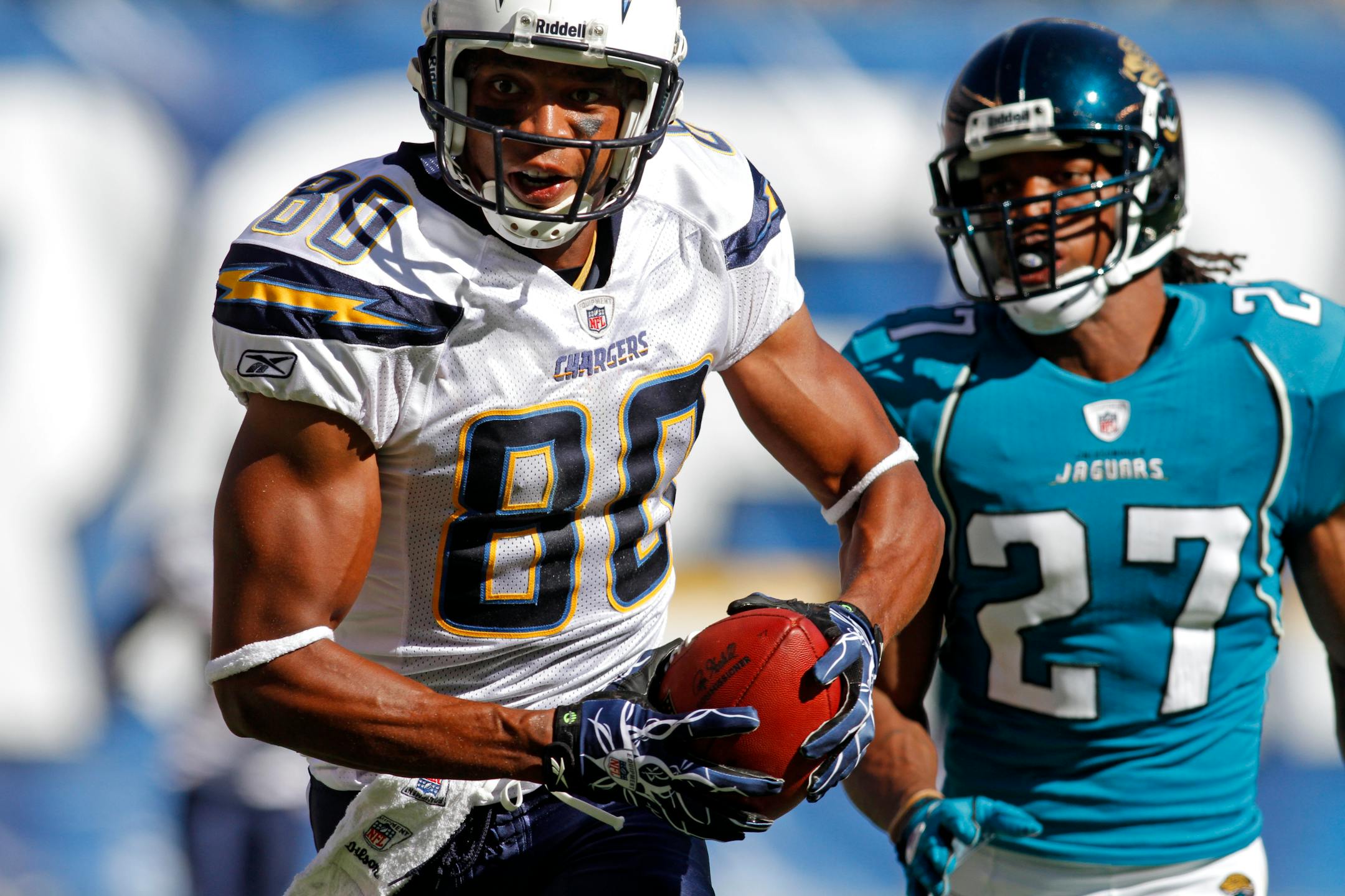 Wide receiver Malcom Floyd, left, ran a touchdown on a 54 yard reception for the Chargers against Jacksonville last year. Floyd is a free agent.