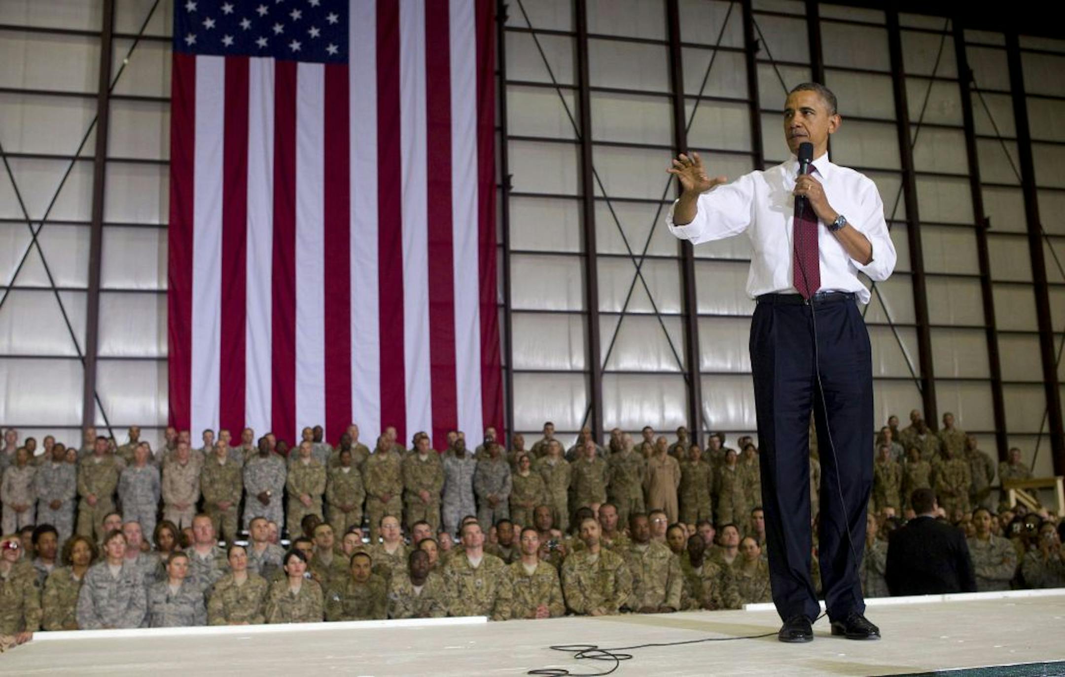 President Barack Obama greets U.S. soldiers at Bagram Air Base, north of Kabul, Afghanistan, May 2, 2012.